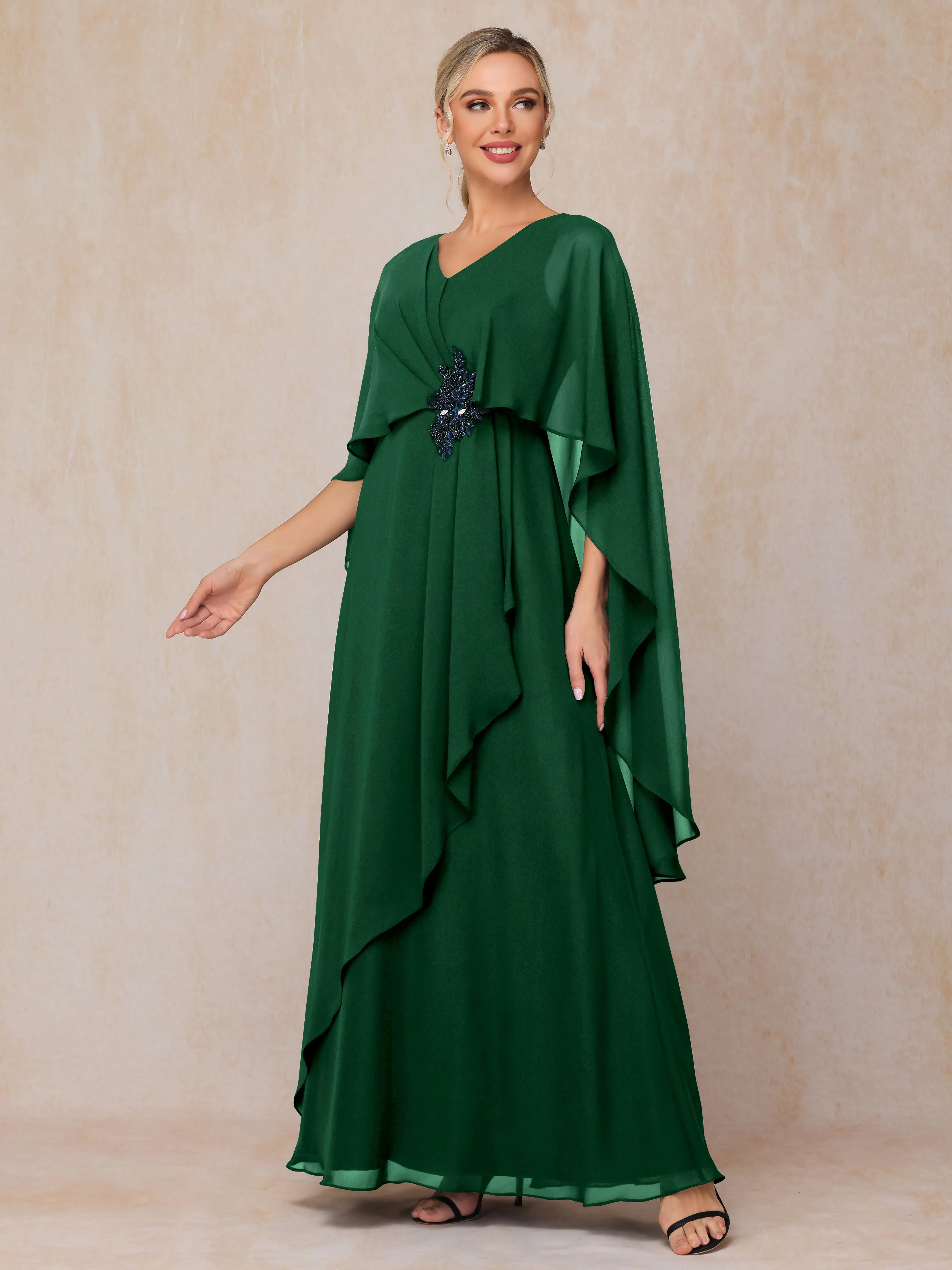 A-line Scoop Long Chiffon Mother of the Bride Dress With Beading Pleated