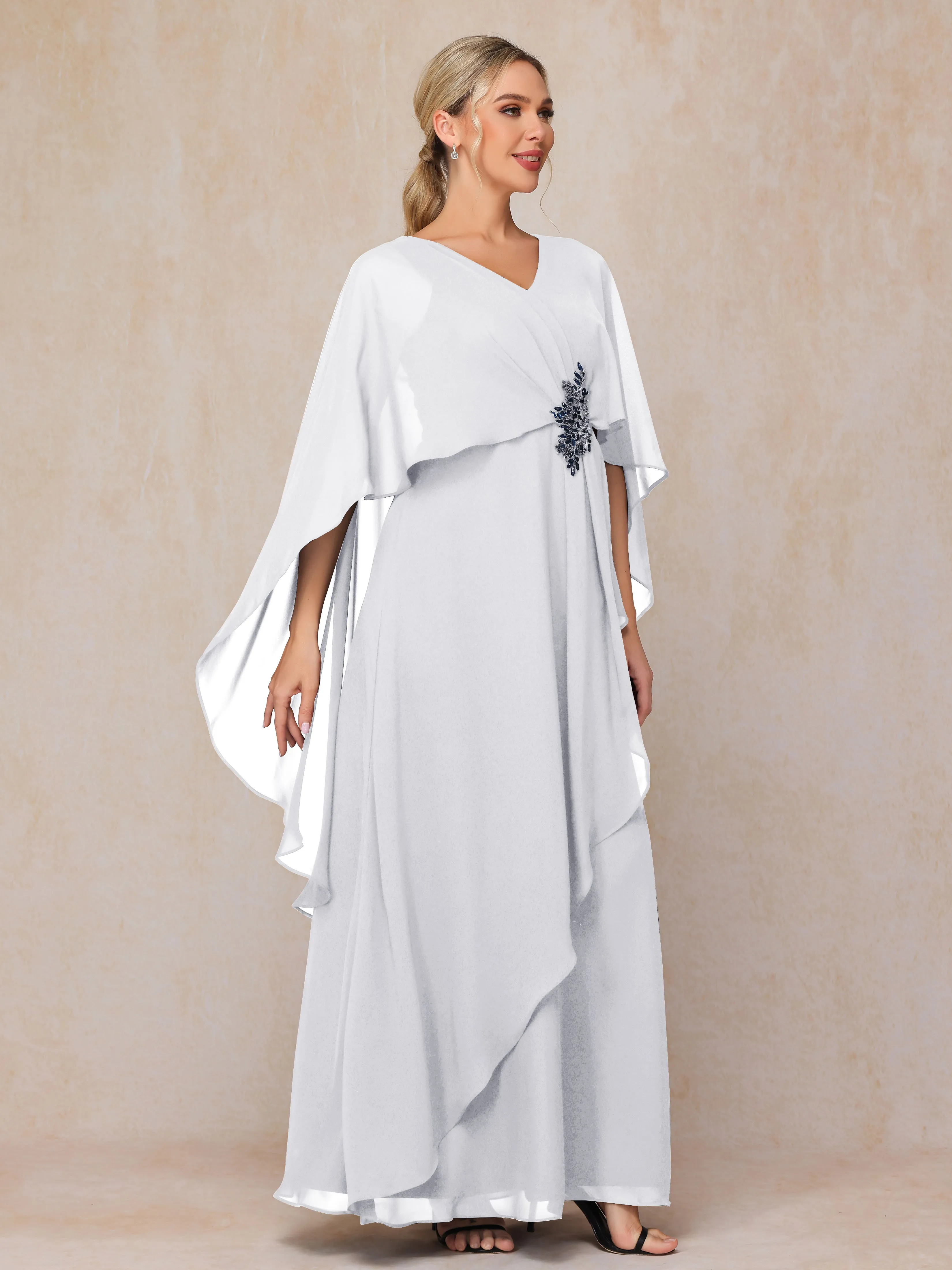 A-line Scoop Long Chiffon Mother of the Bride Dress With Beading Pleated