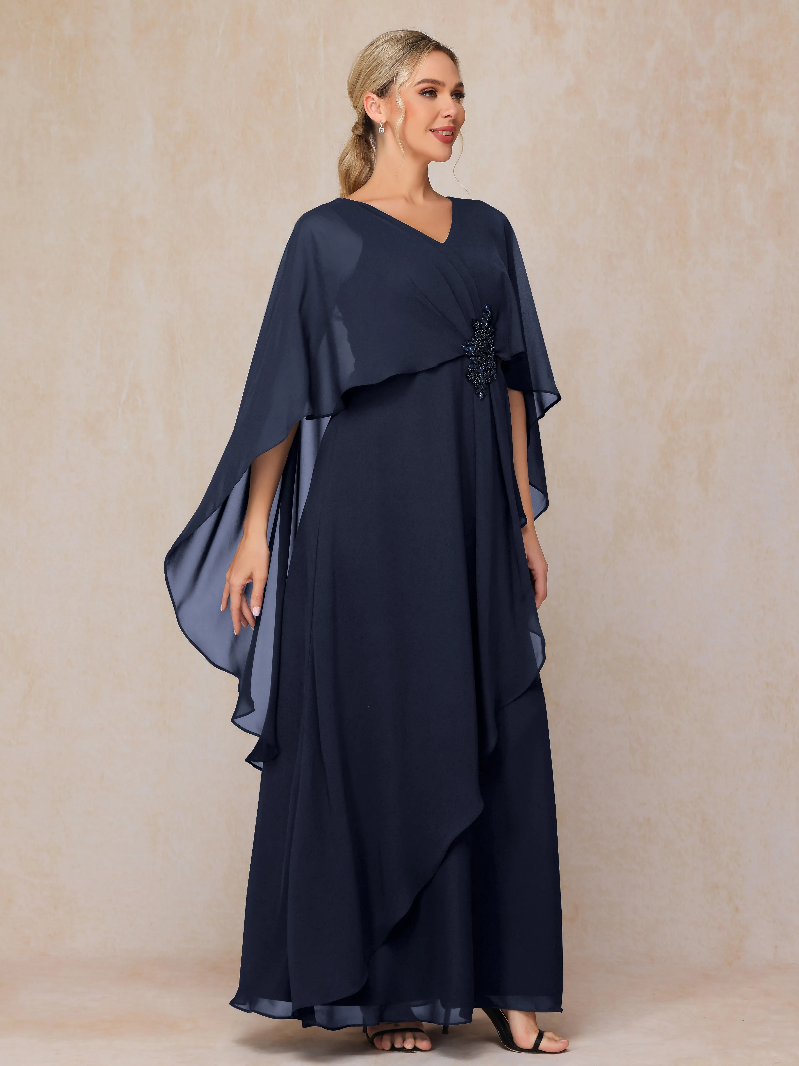 A-line Scoop Long Chiffon Mother of the Bride Dress With Beading Pleated