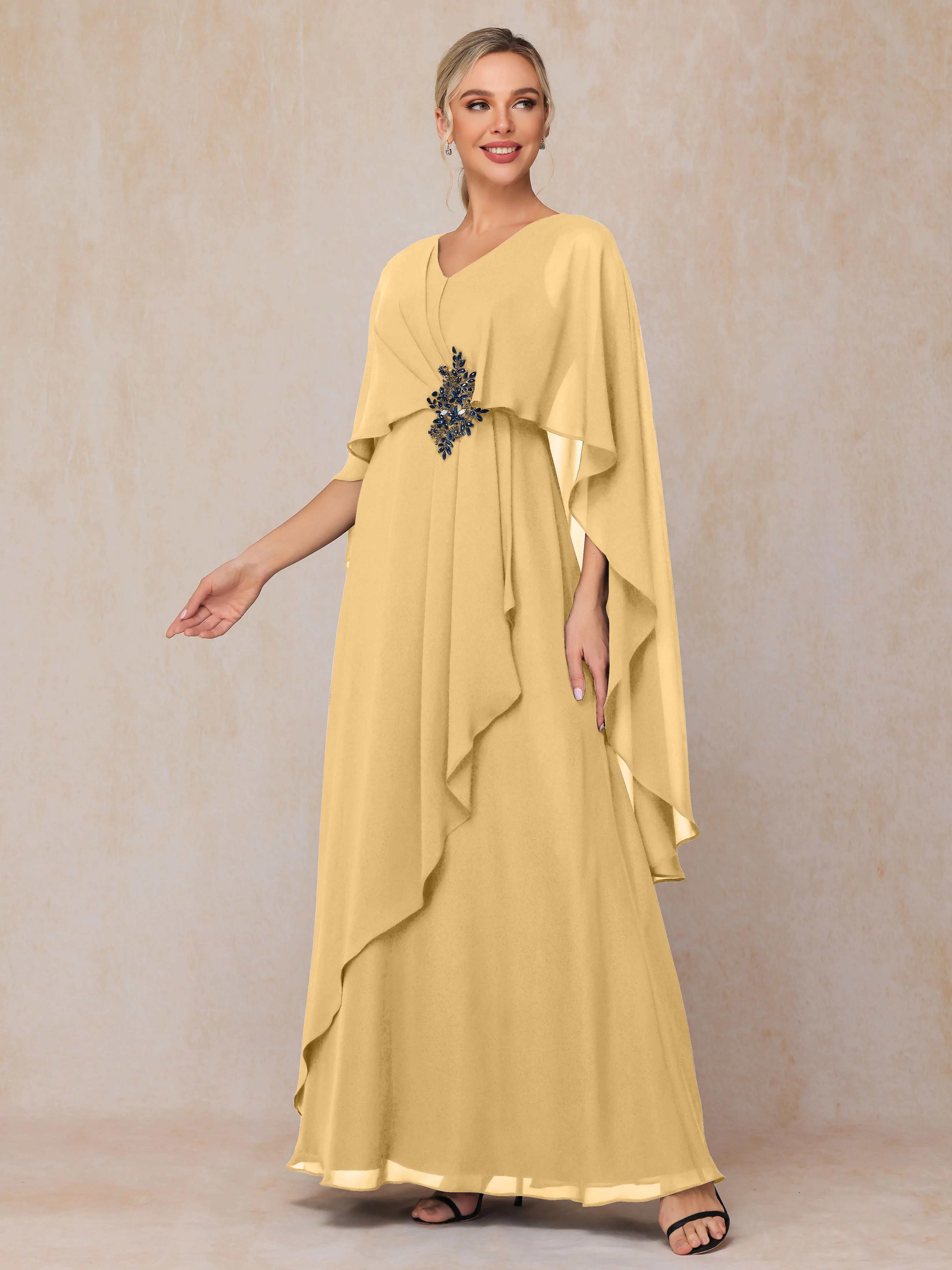 A-line Scoop Long Chiffon Mother of the Bride Dress With Beading Pleated