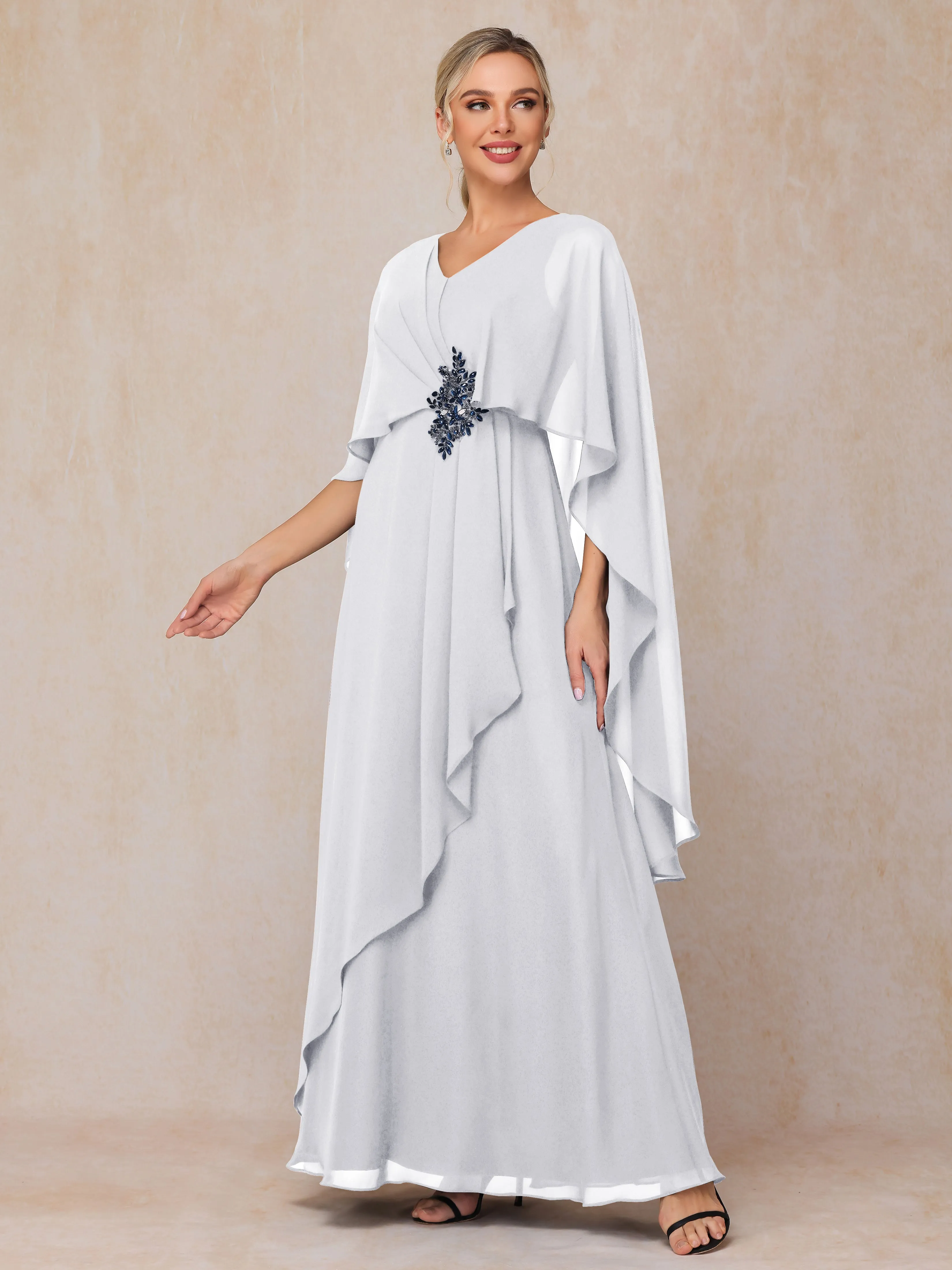 A-line Scoop Long Chiffon Mother of the Bride Dress With Beading Pleated