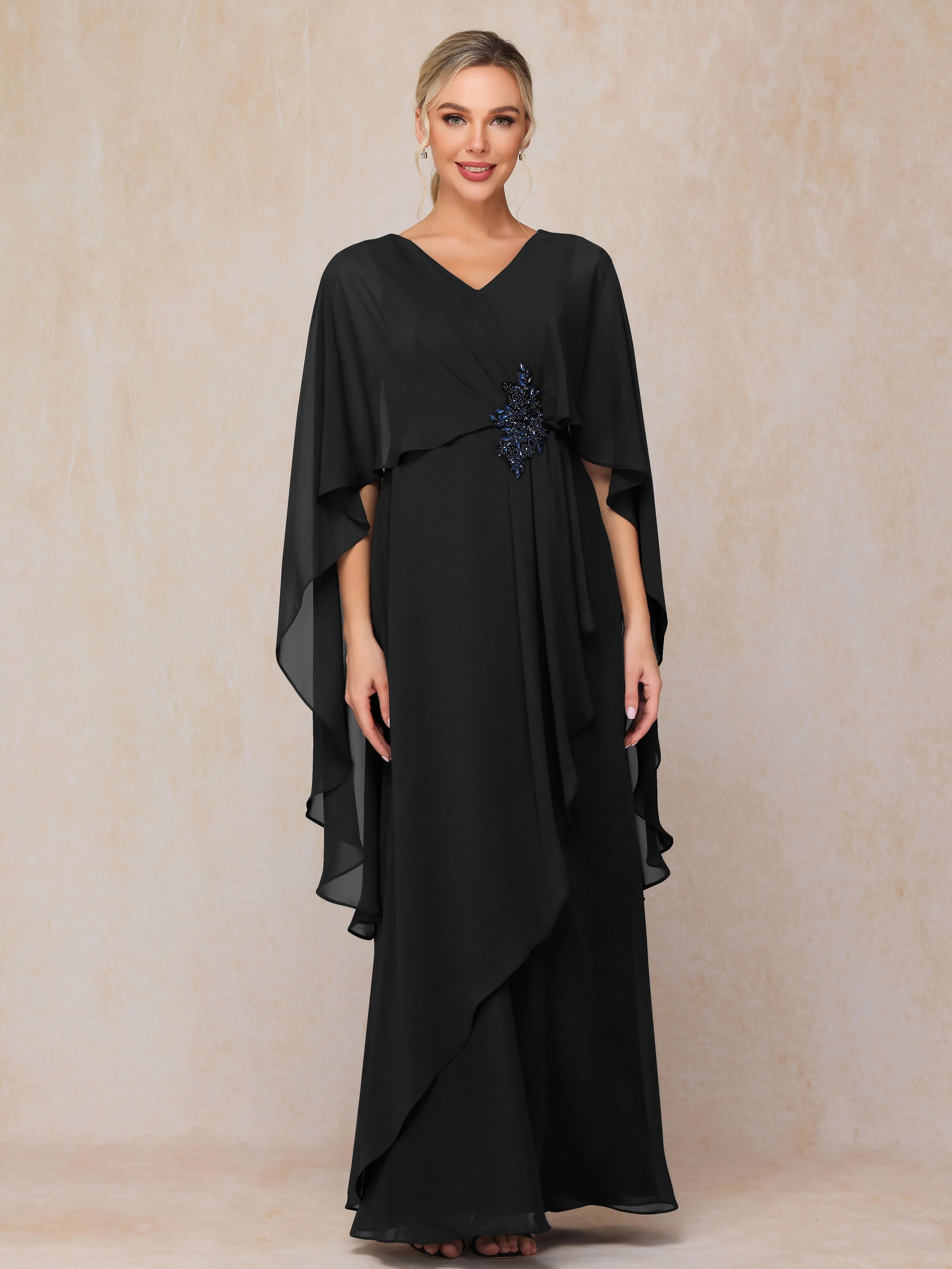A-line Scoop Long Chiffon Mother of the Bride Dress With Beading Pleated