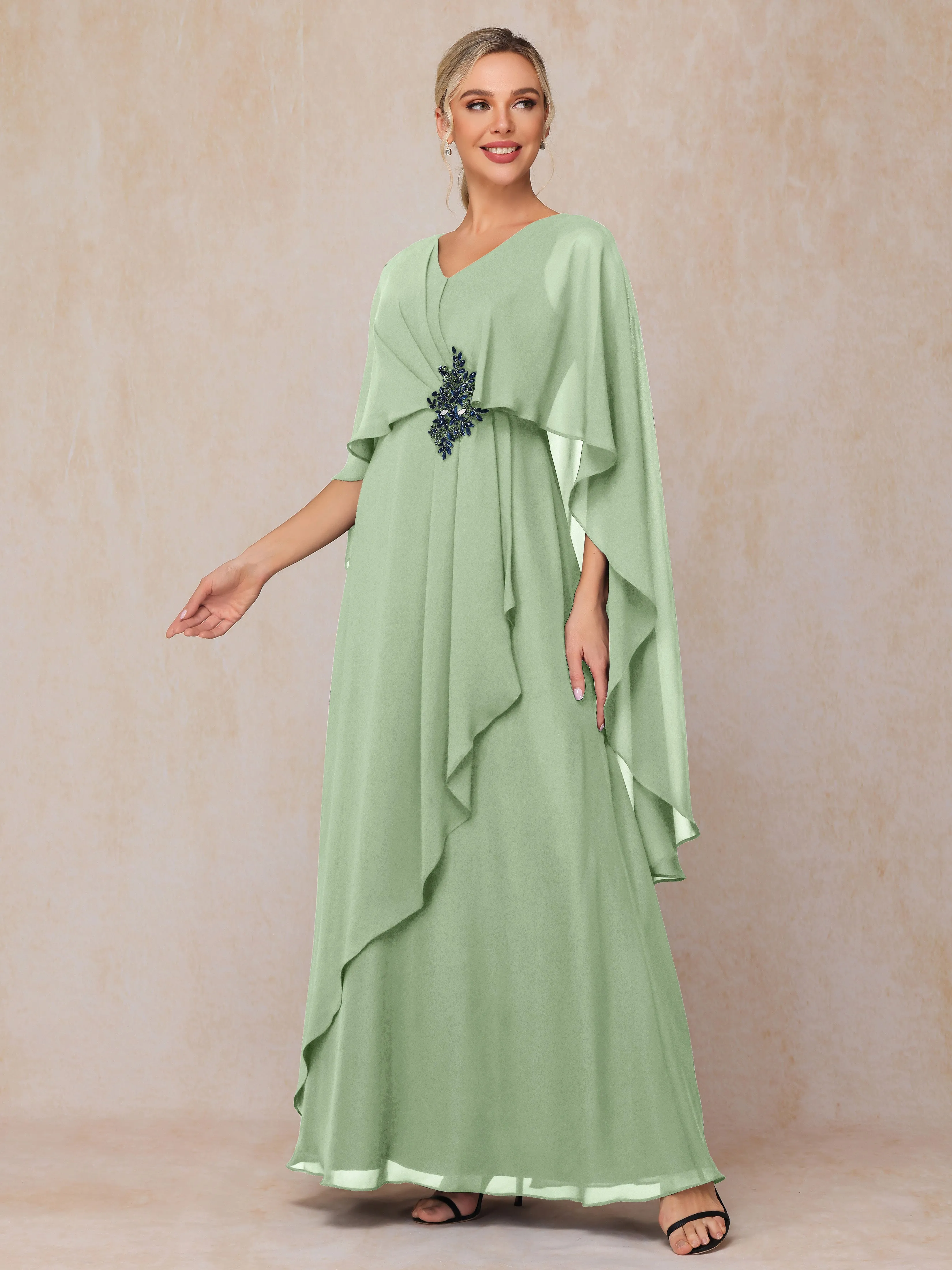 A-line Scoop Long Chiffon Mother of the Bride Dress With Beading Pleated