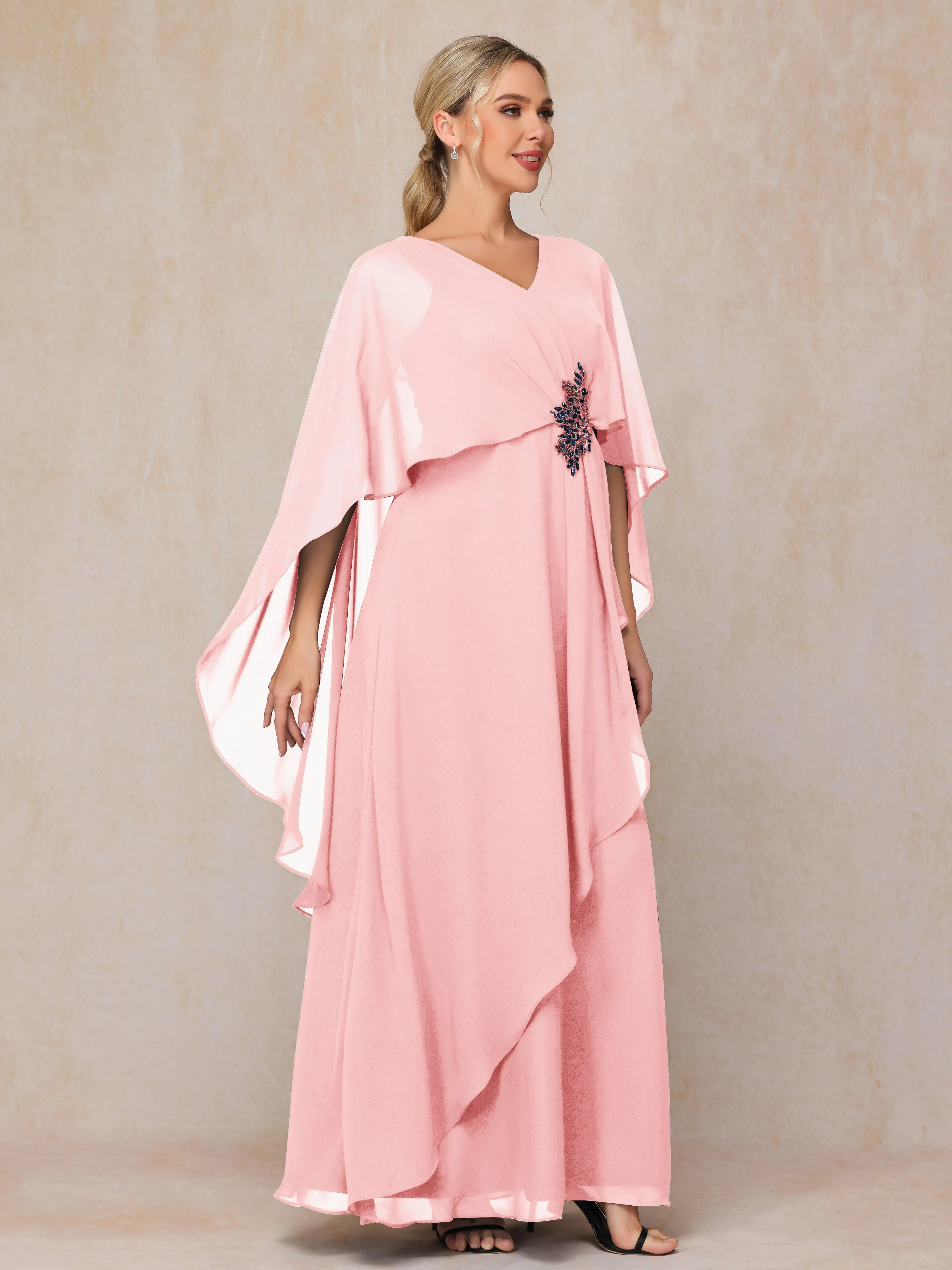 A-line Scoop Long Chiffon Mother of the Bride Dress With Beading Pleated