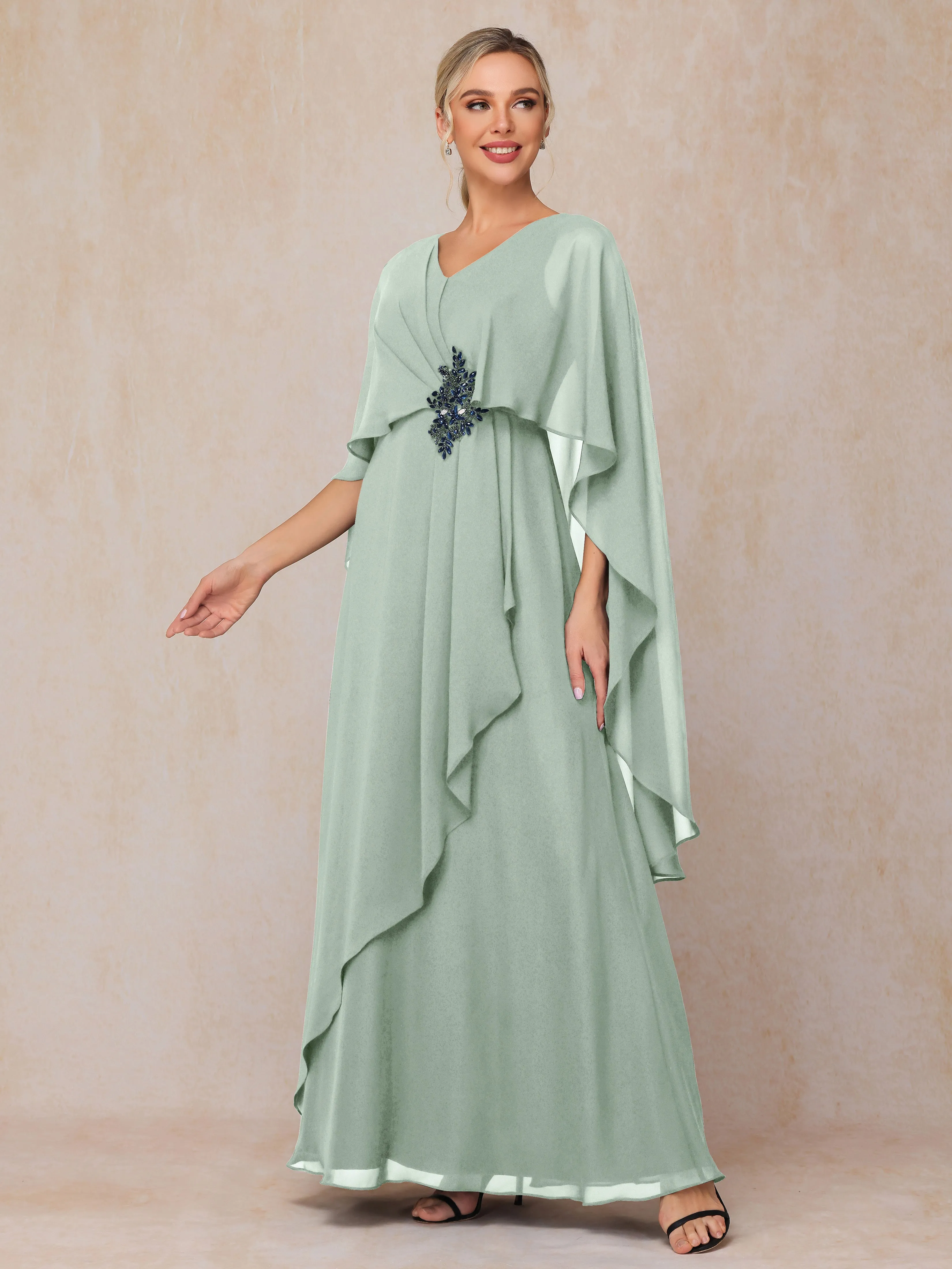 A-line Scoop Long Chiffon Mother of the Bride Dress With Beading Pleated