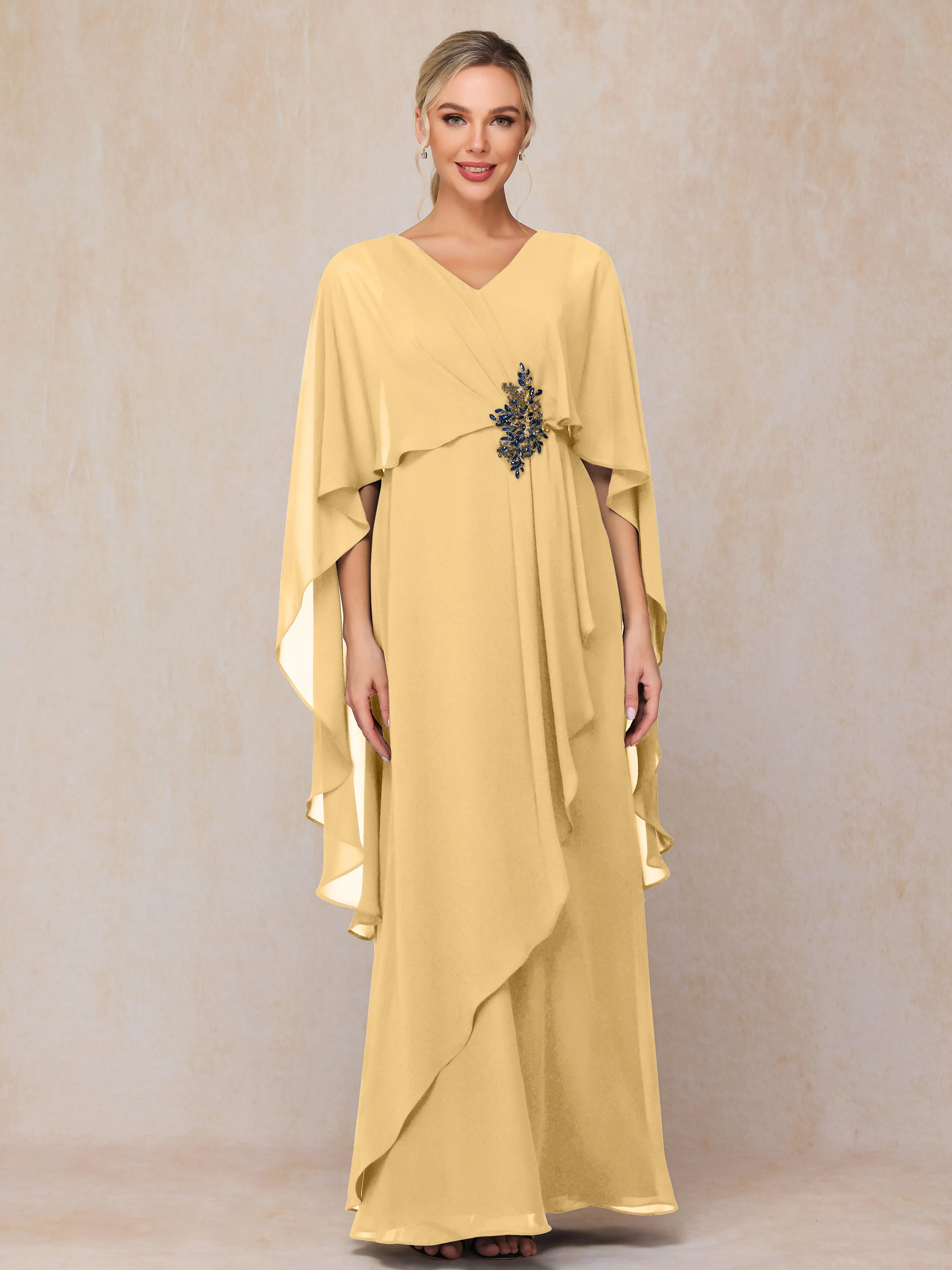 A-line Scoop Long Chiffon Mother of the Bride Dress With Beading Pleated