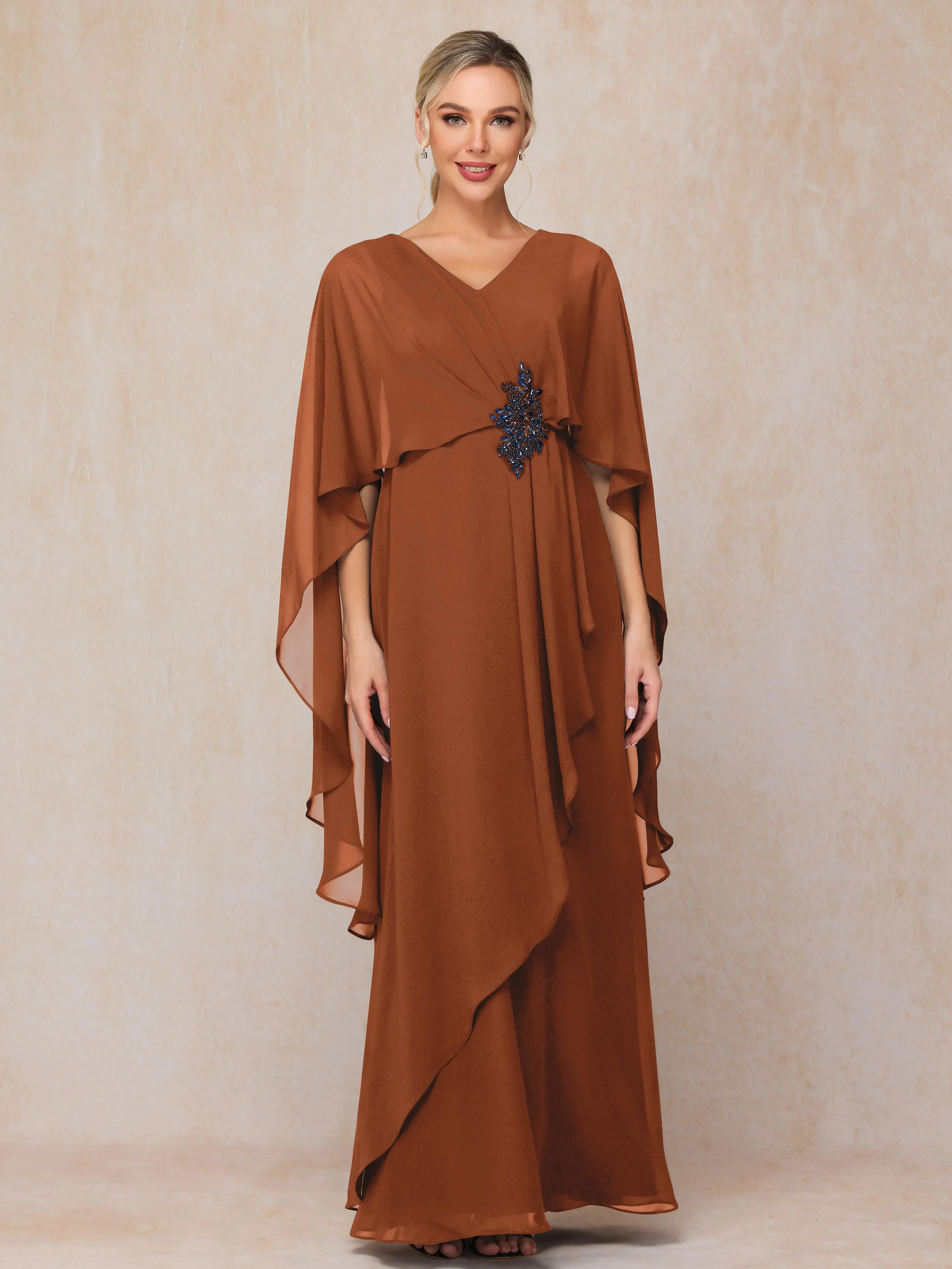 A-line Scoop Long Chiffon Mother of the Bride Dress With Beading Pleated