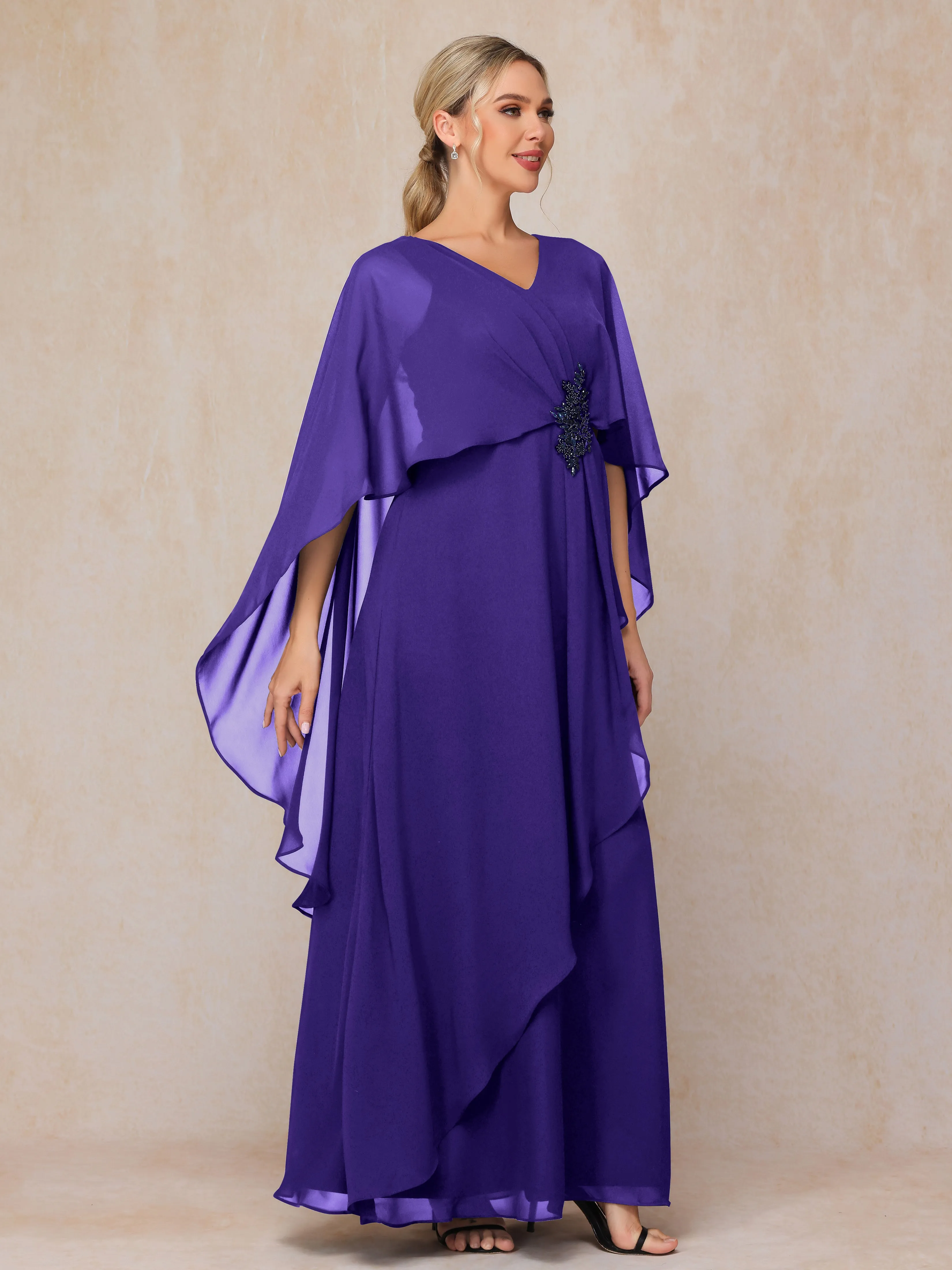 A-line Scoop Long Chiffon Mother of the Bride Dress With Beading Pleated