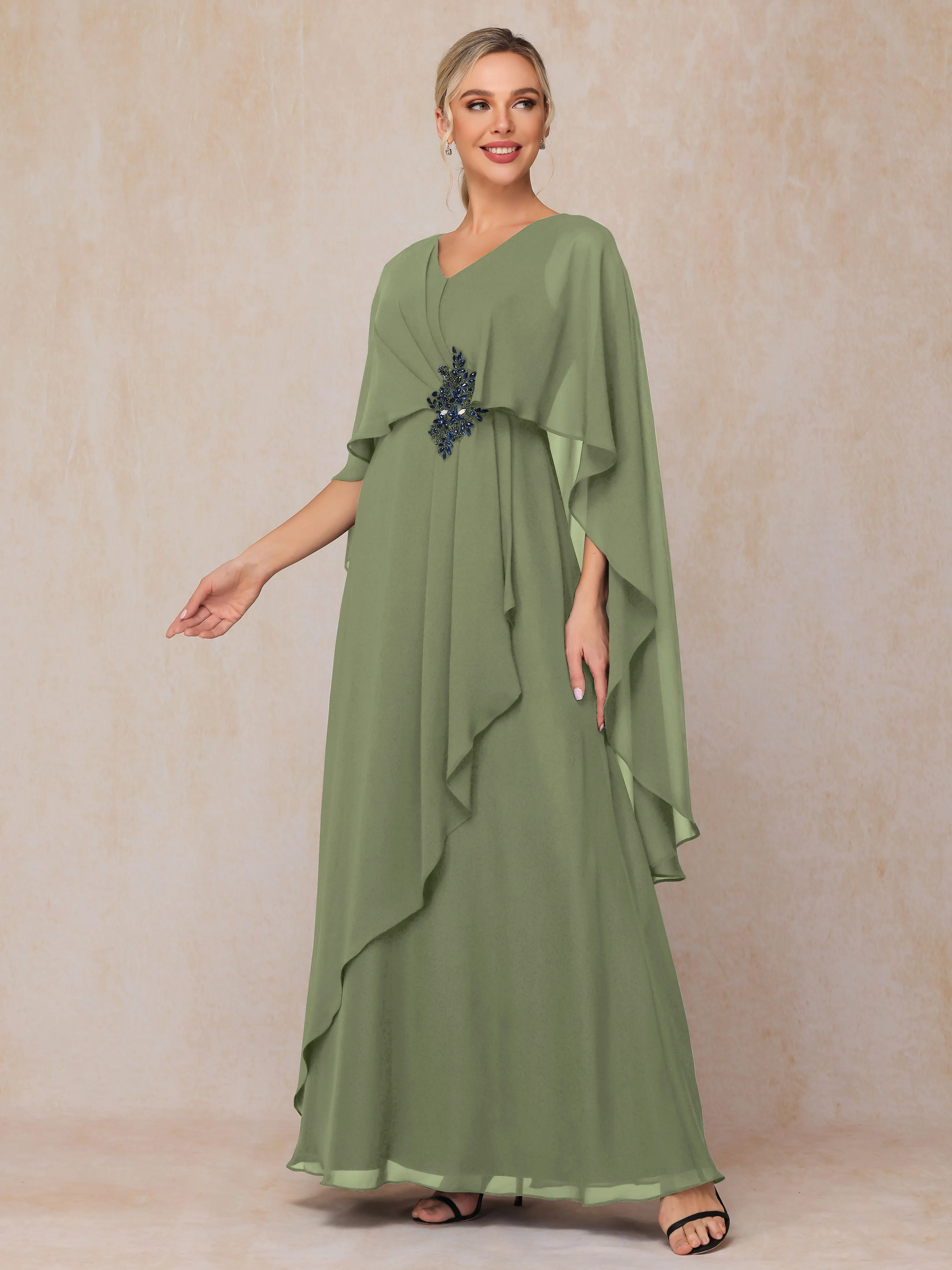 A-line Scoop Long Chiffon Mother of the Bride Dress With Beading Pleated