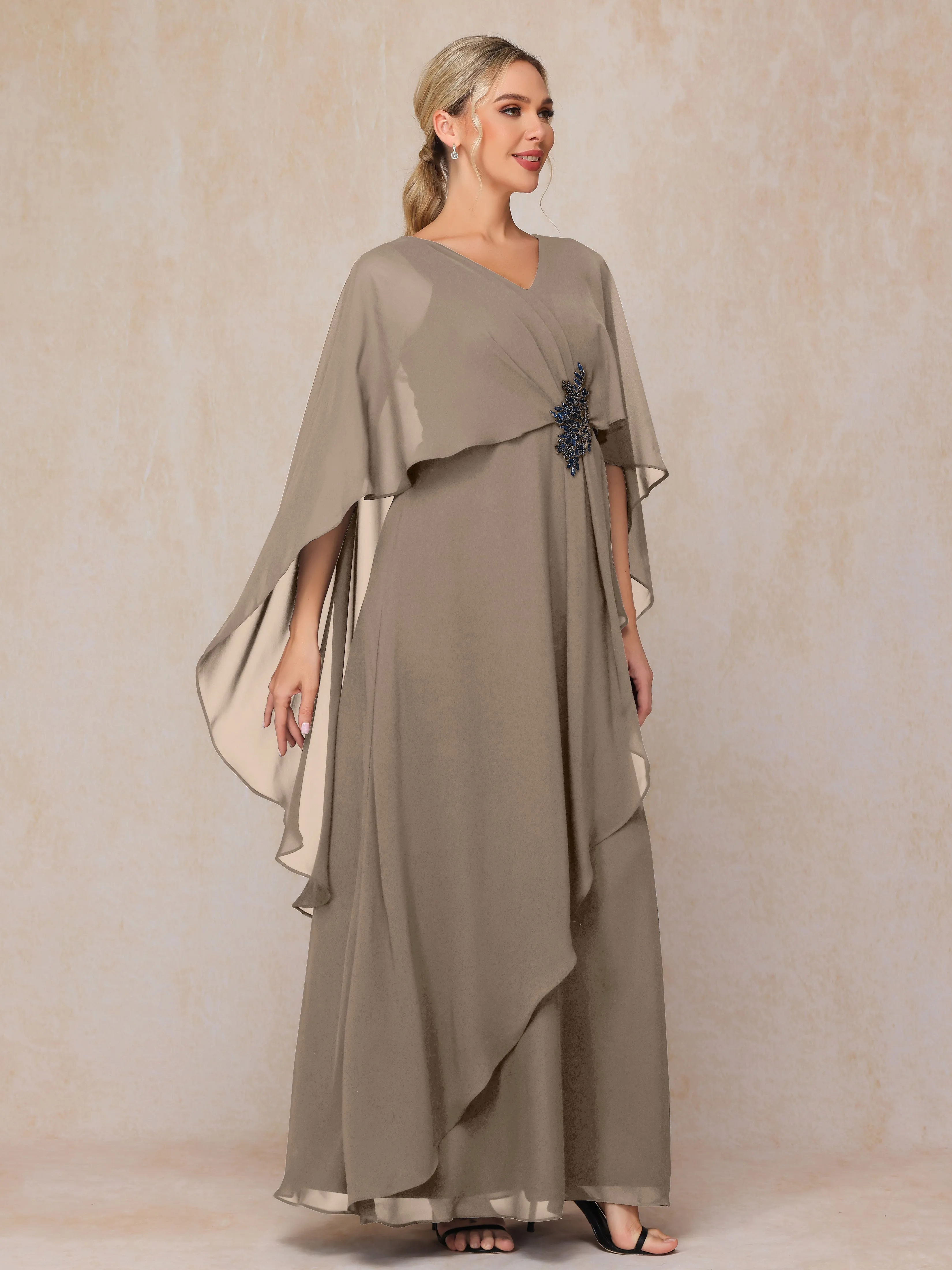 A-line Scoop Long Chiffon Mother of the Bride Dress With Beading Pleated