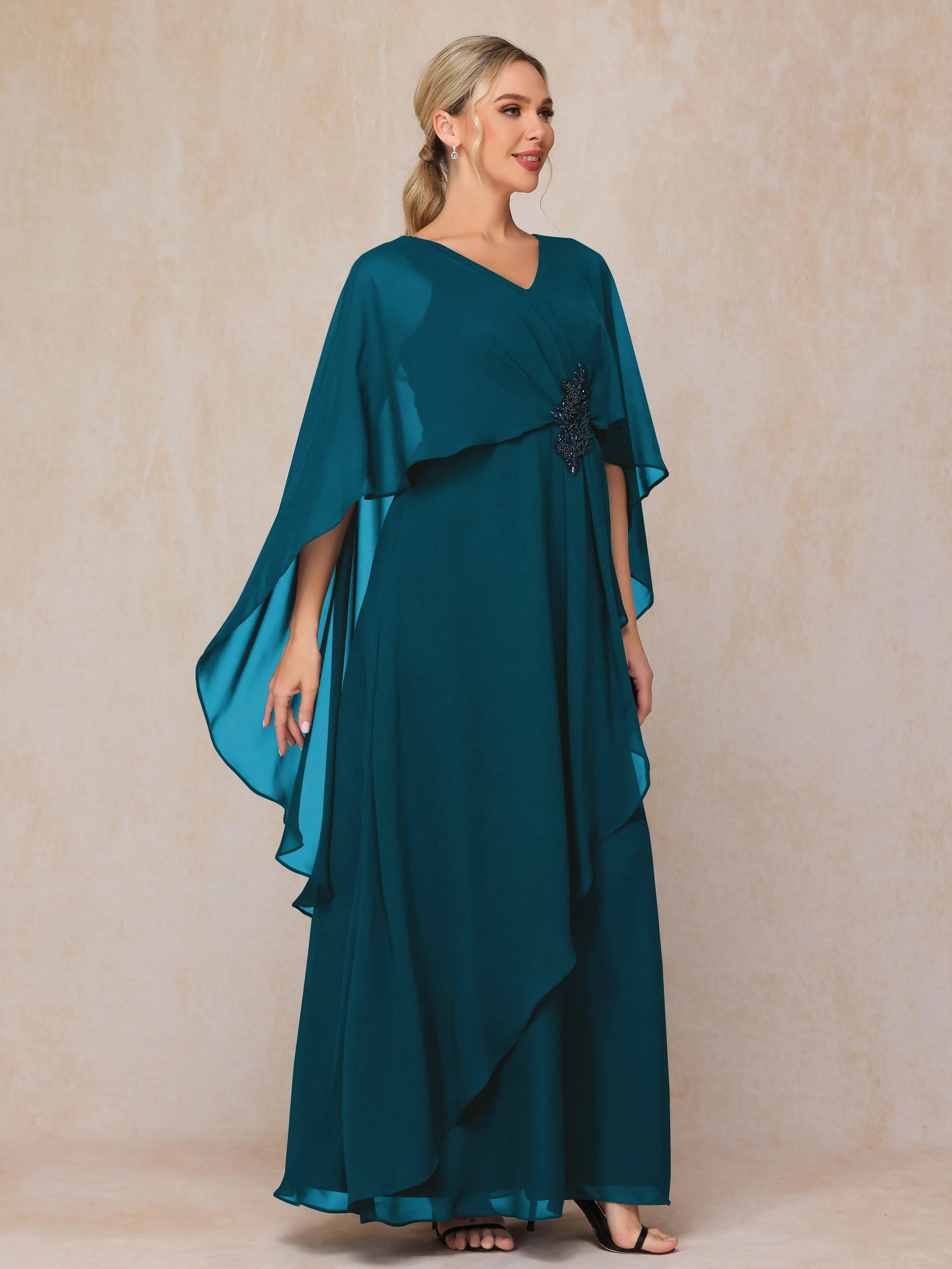 A-line Scoop Long Chiffon Mother of the Bride Dress With Beading Pleated