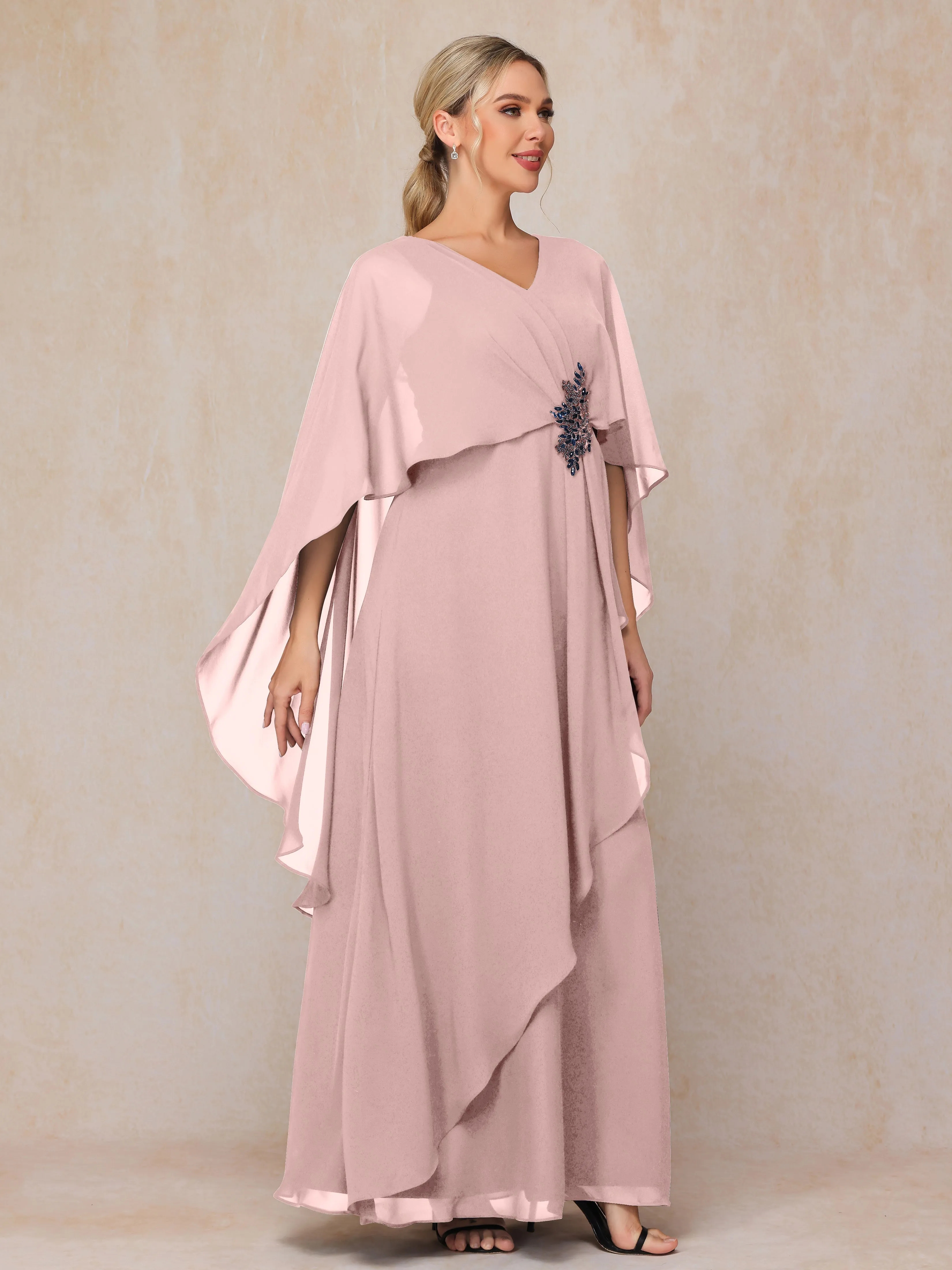 A-line Scoop Long Chiffon Mother of the Bride Dress With Beading Pleated