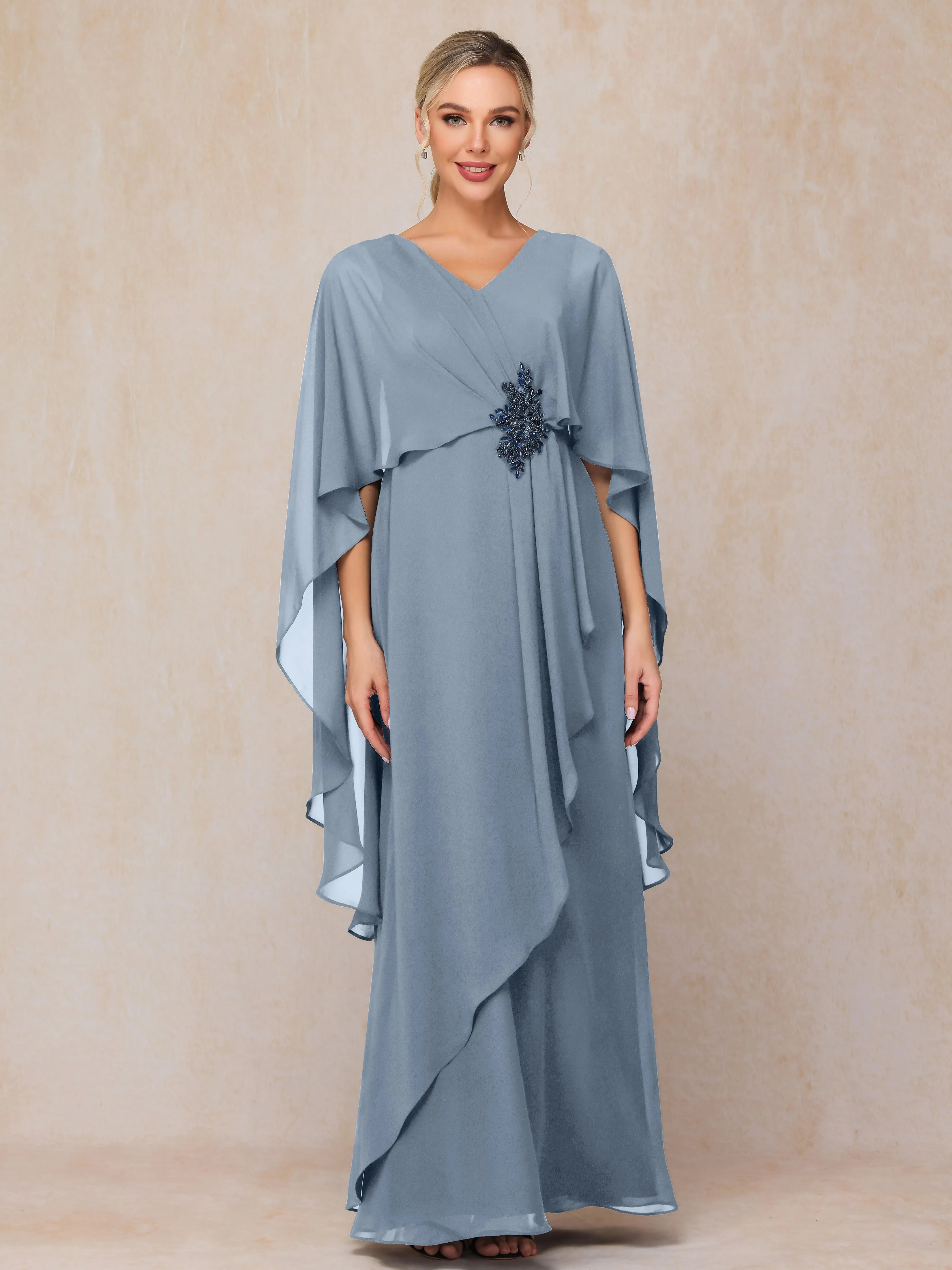 A-line Scoop Long Chiffon Mother of the Bride Dress With Beading Pleated
