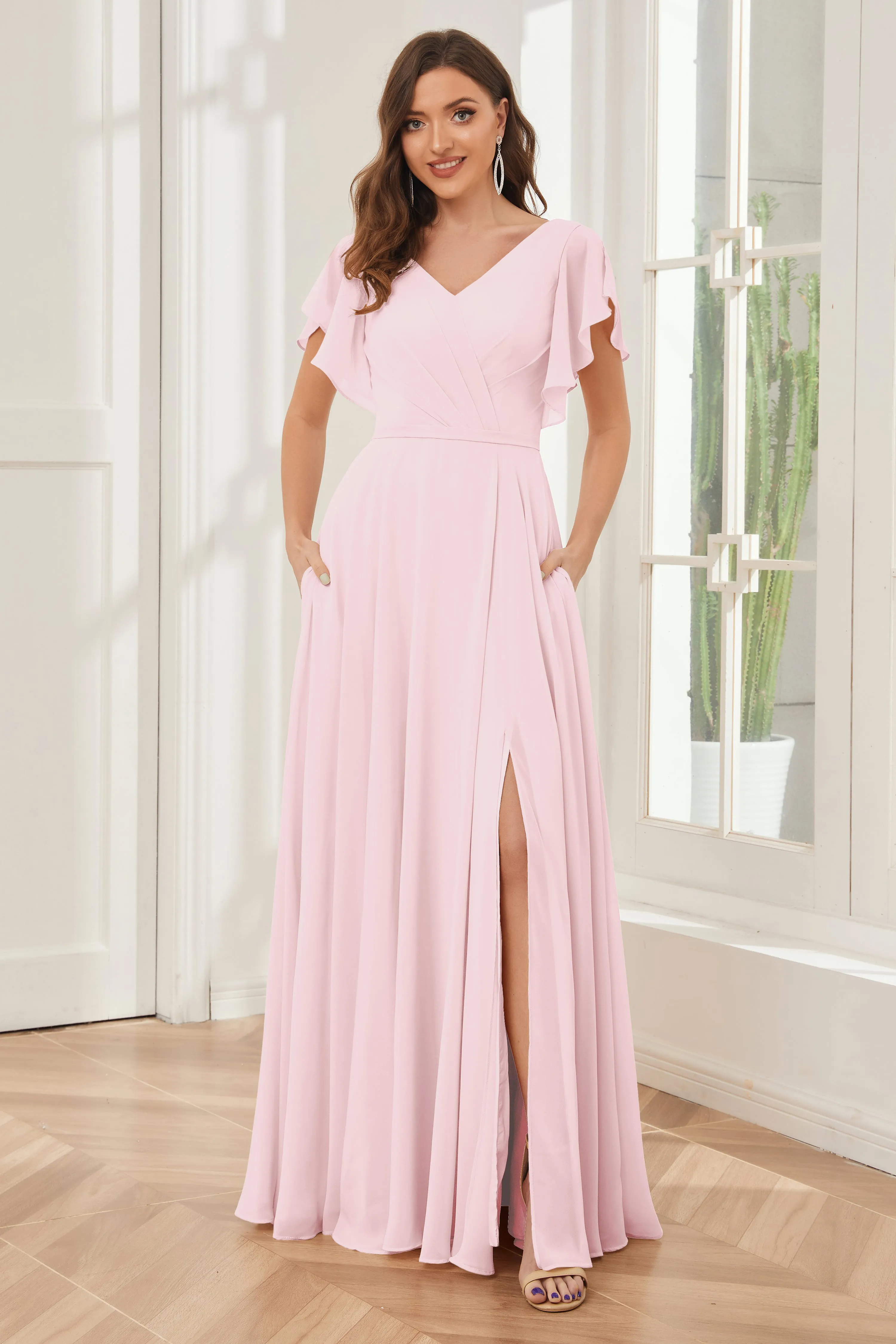 A-line V-neck Ruffle Sleeves Chiffon Bridesmaid Dresses