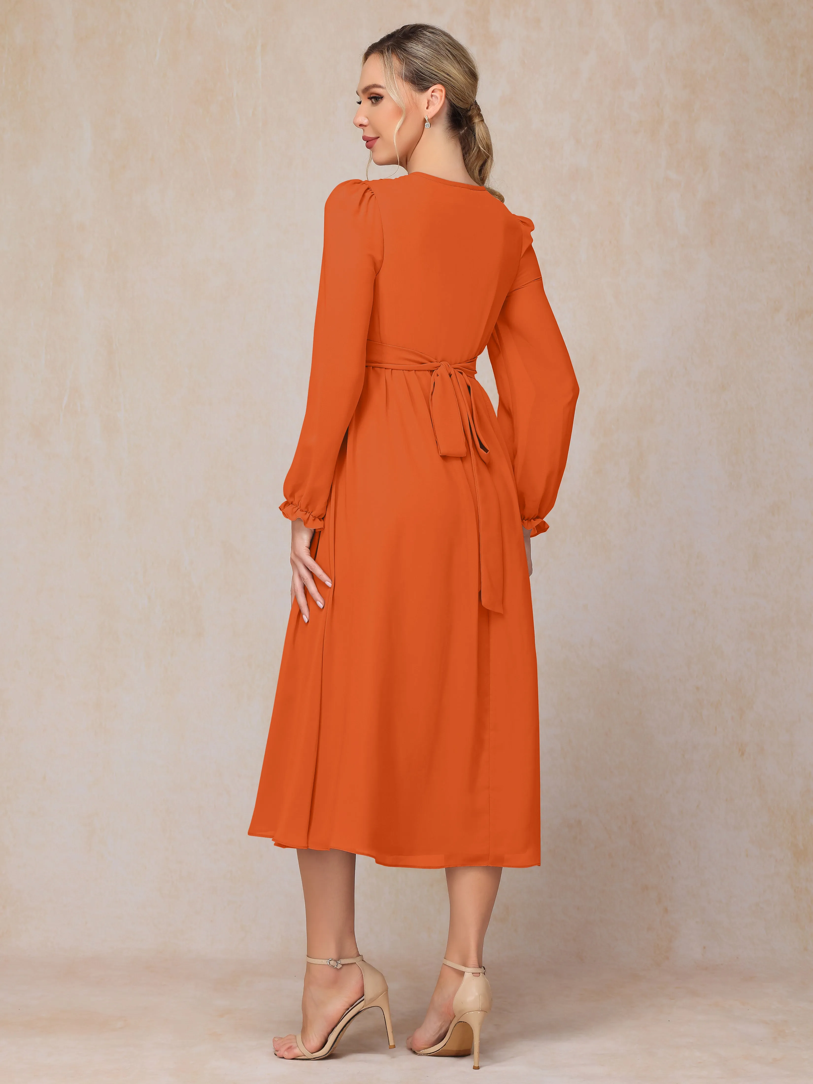 A-Line V Neck Tea-Length Chiffon Mother of the Bride Dresses With Belt