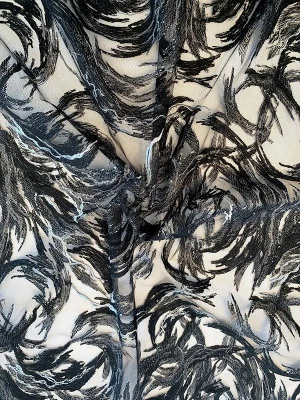 A Stormy Romance Abstract Embroidered and Sequined Tulle - Black / Grey