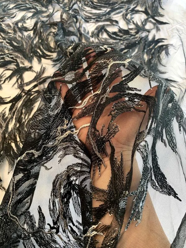 A Stormy Romance Abstract Embroidered and Sequined Tulle - Black / Grey
