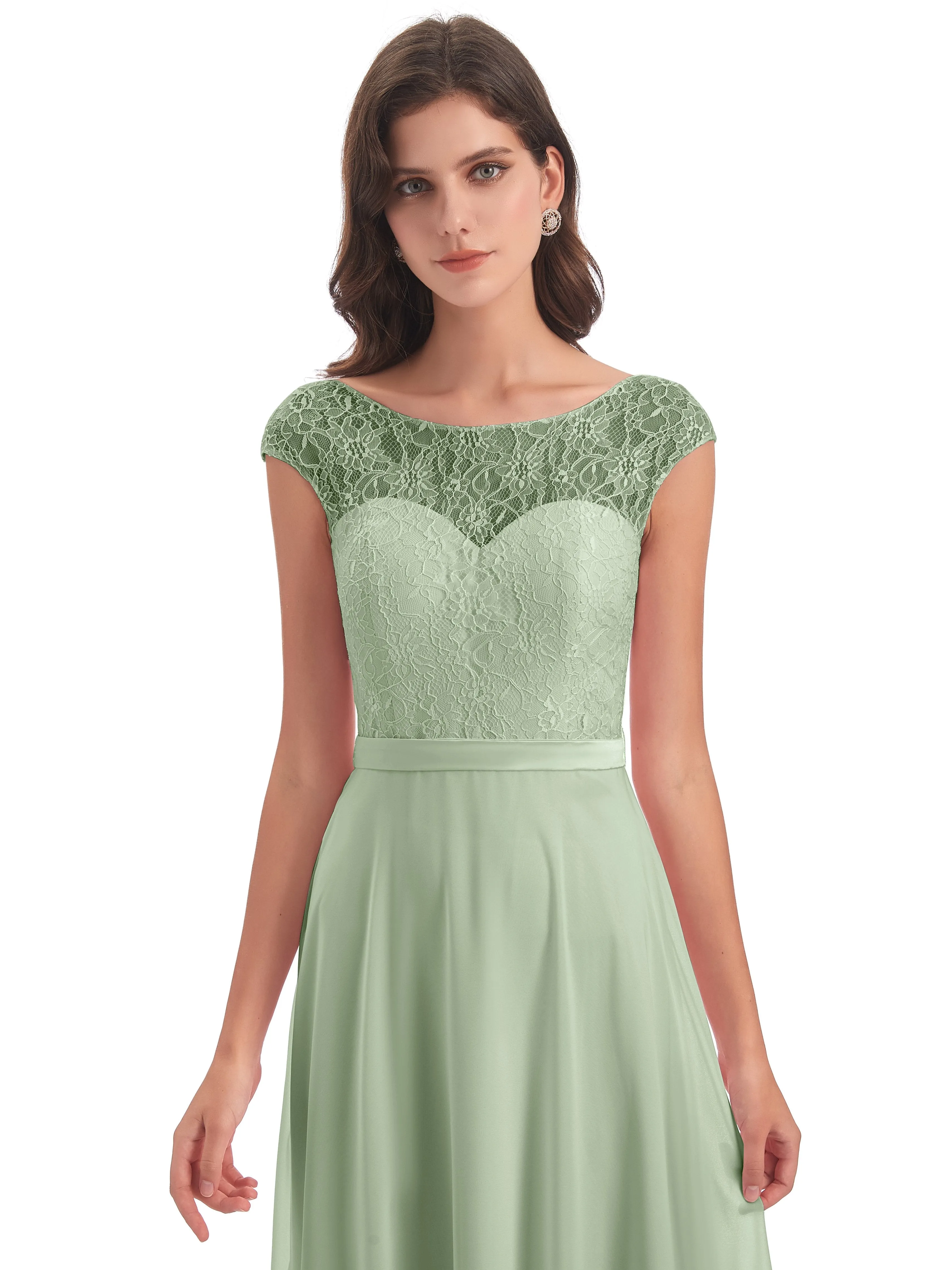 Anna Elegant Lace Cap Sleeves Long Bridesmaid Dresses