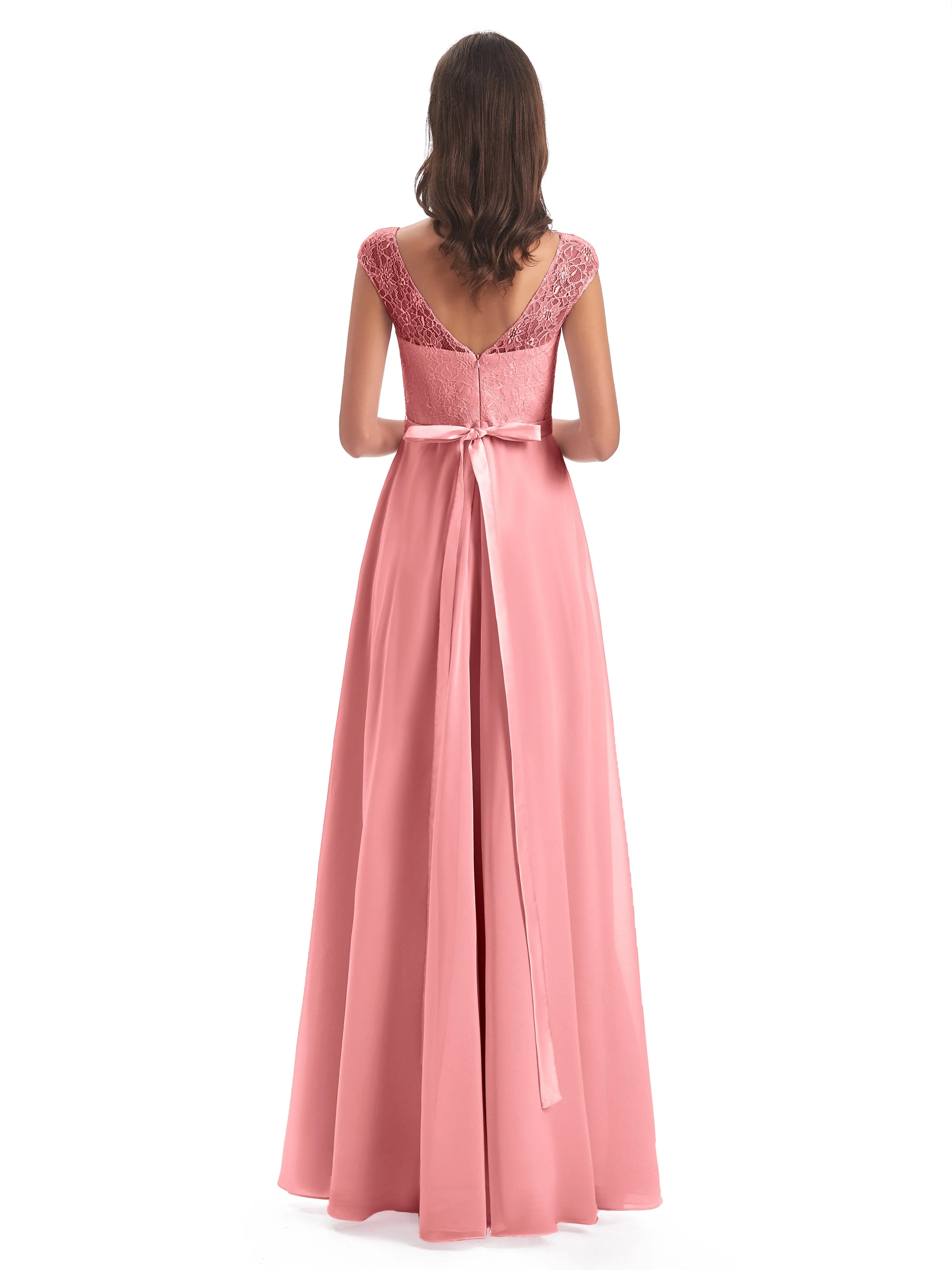 Anna Elegant Lace Cap Sleeves Long Bridesmaid Dresses
