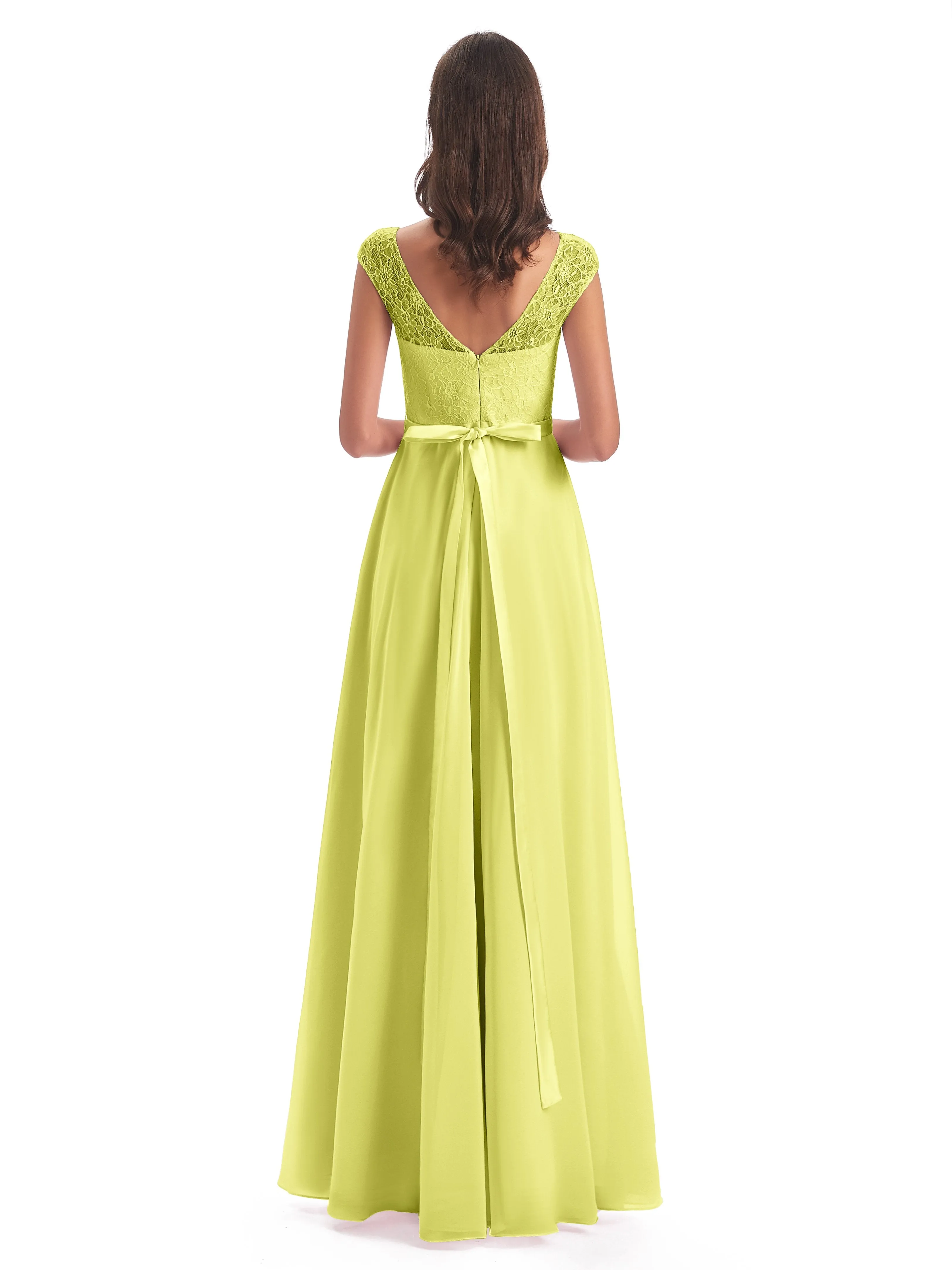 Anna Elegant Lace Cap Sleeves Long Bridesmaid Dresses
