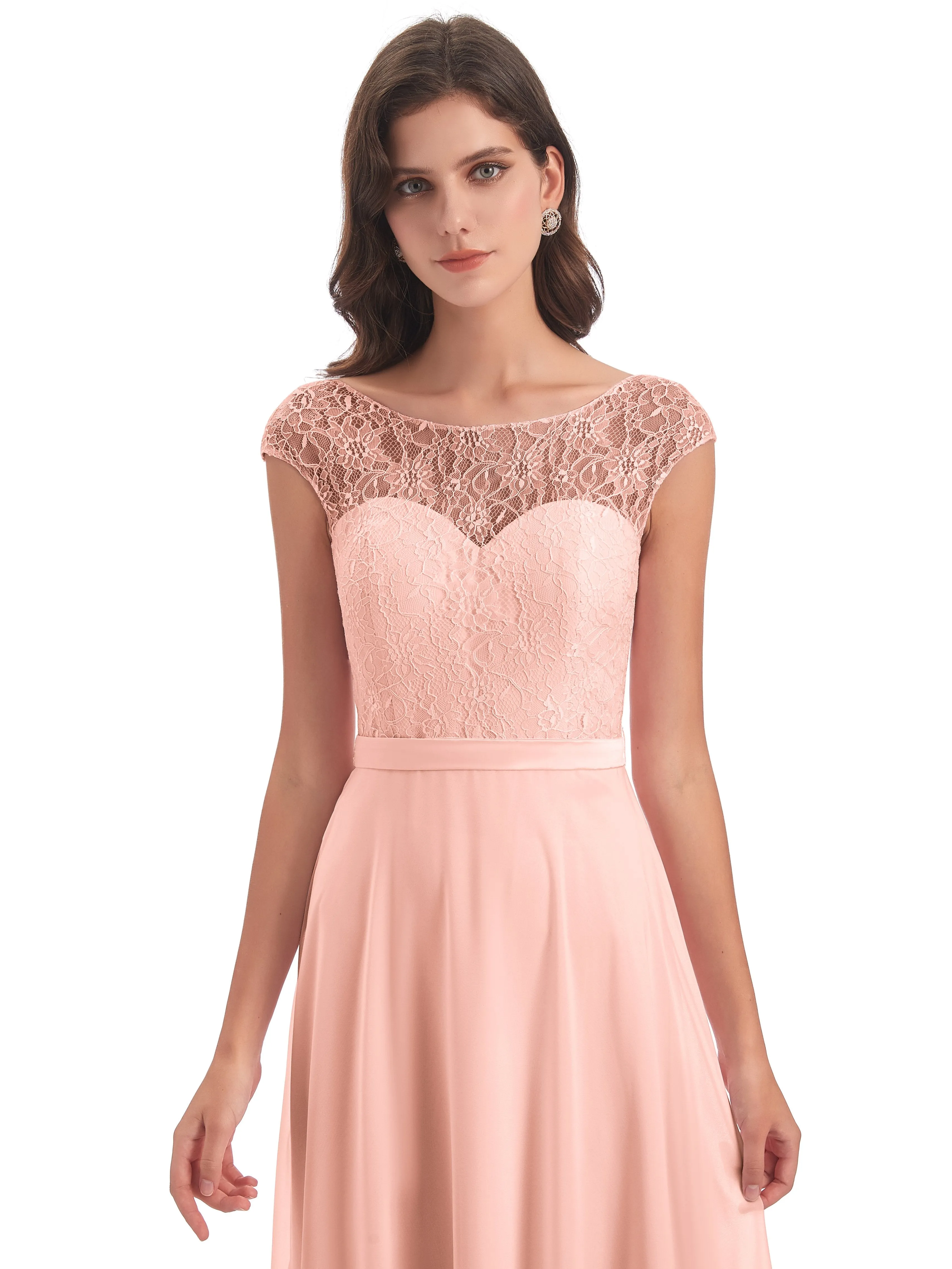 Anna Elegant Lace Cap Sleeves Long Bridesmaid Dresses