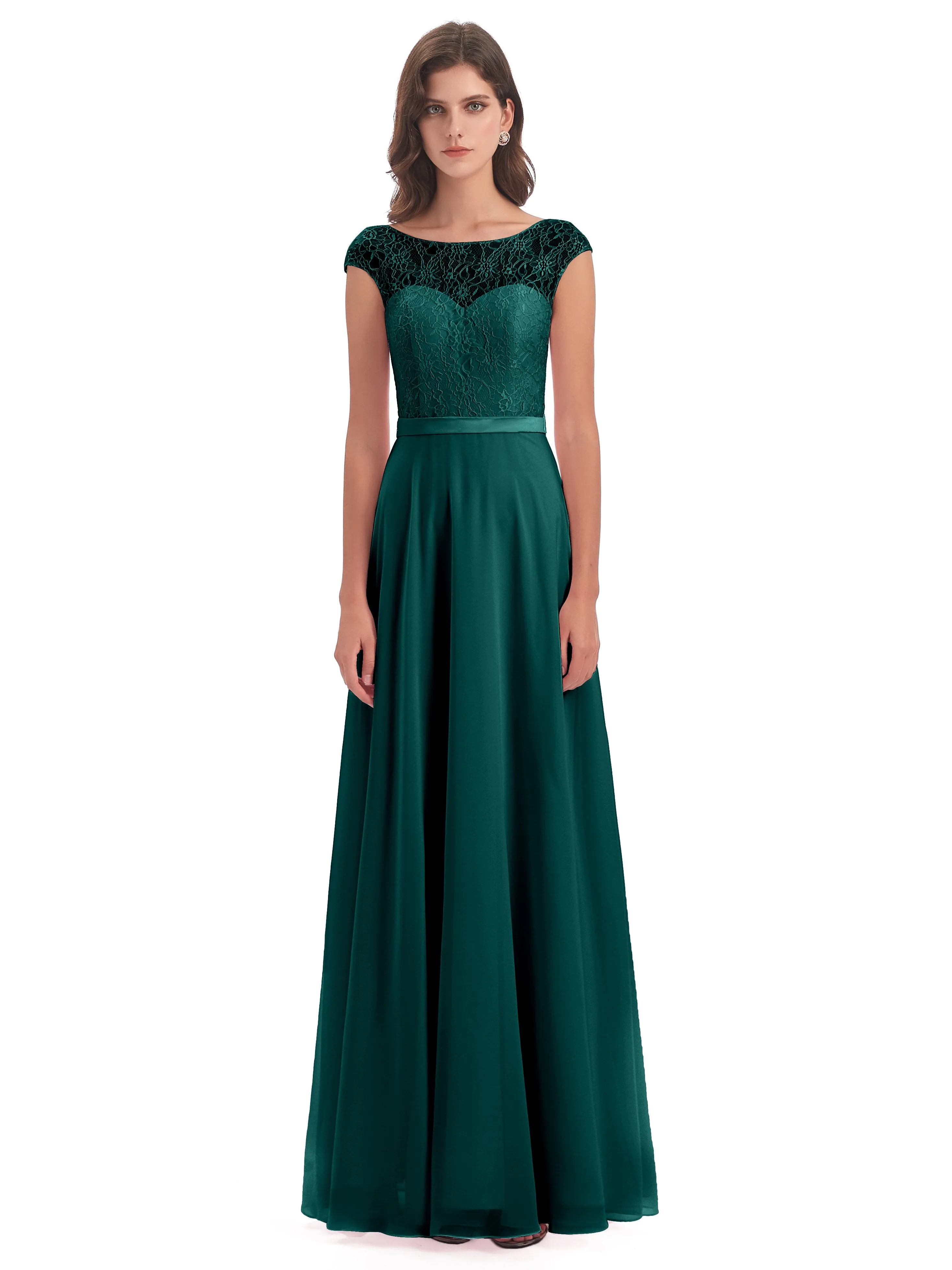 Anna Elegant Lace Cap Sleeves Long Bridesmaid Dresses