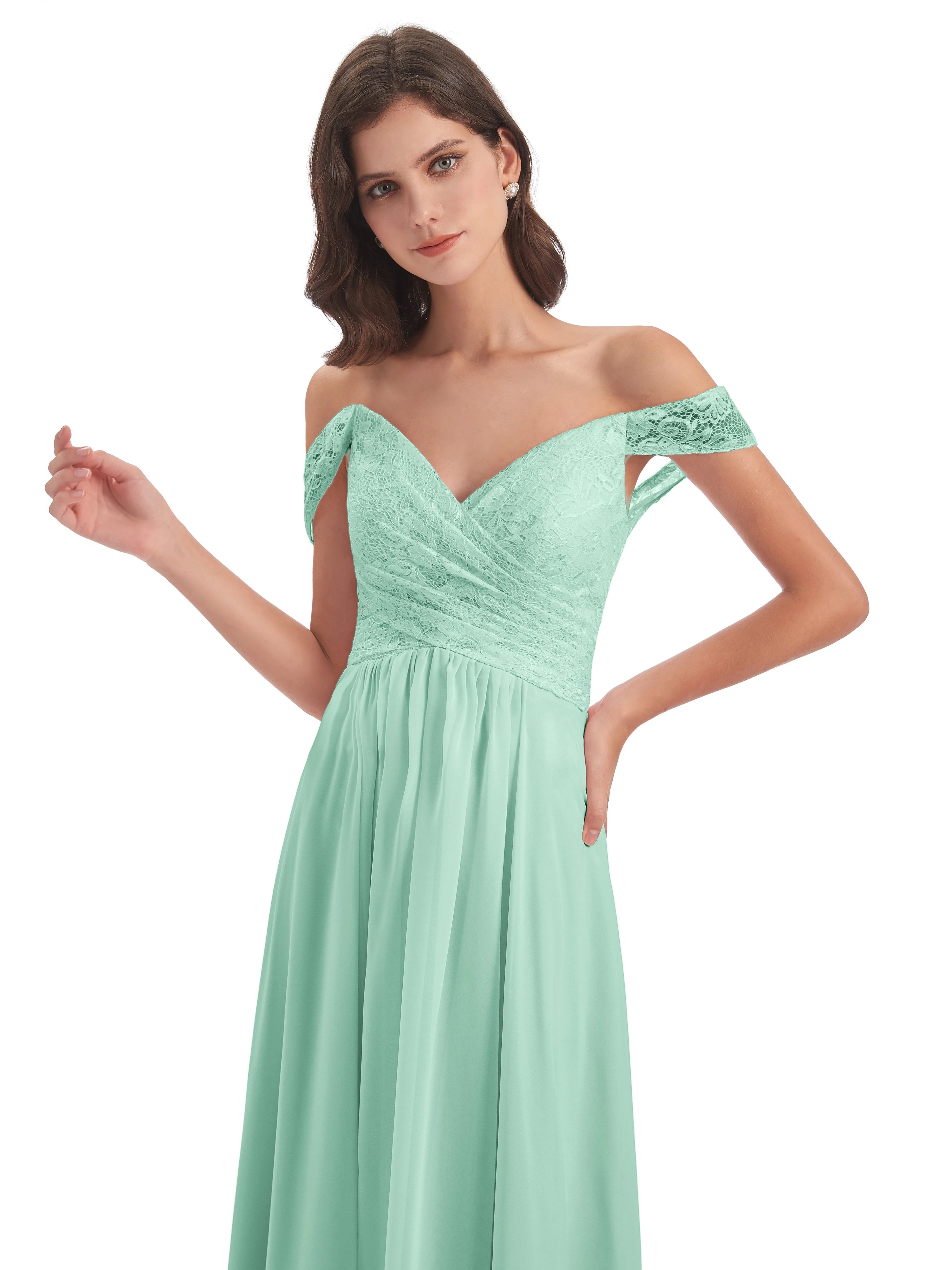 Aurora Chiffon Off The Shoulder Floor-Length Bridesmaid Dresses