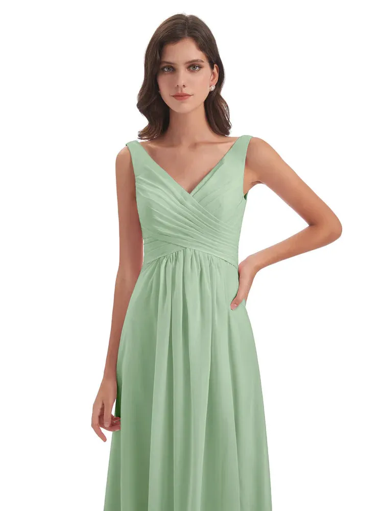 Bella Chiffon Column V-neck Long Bridesmaid Dresses