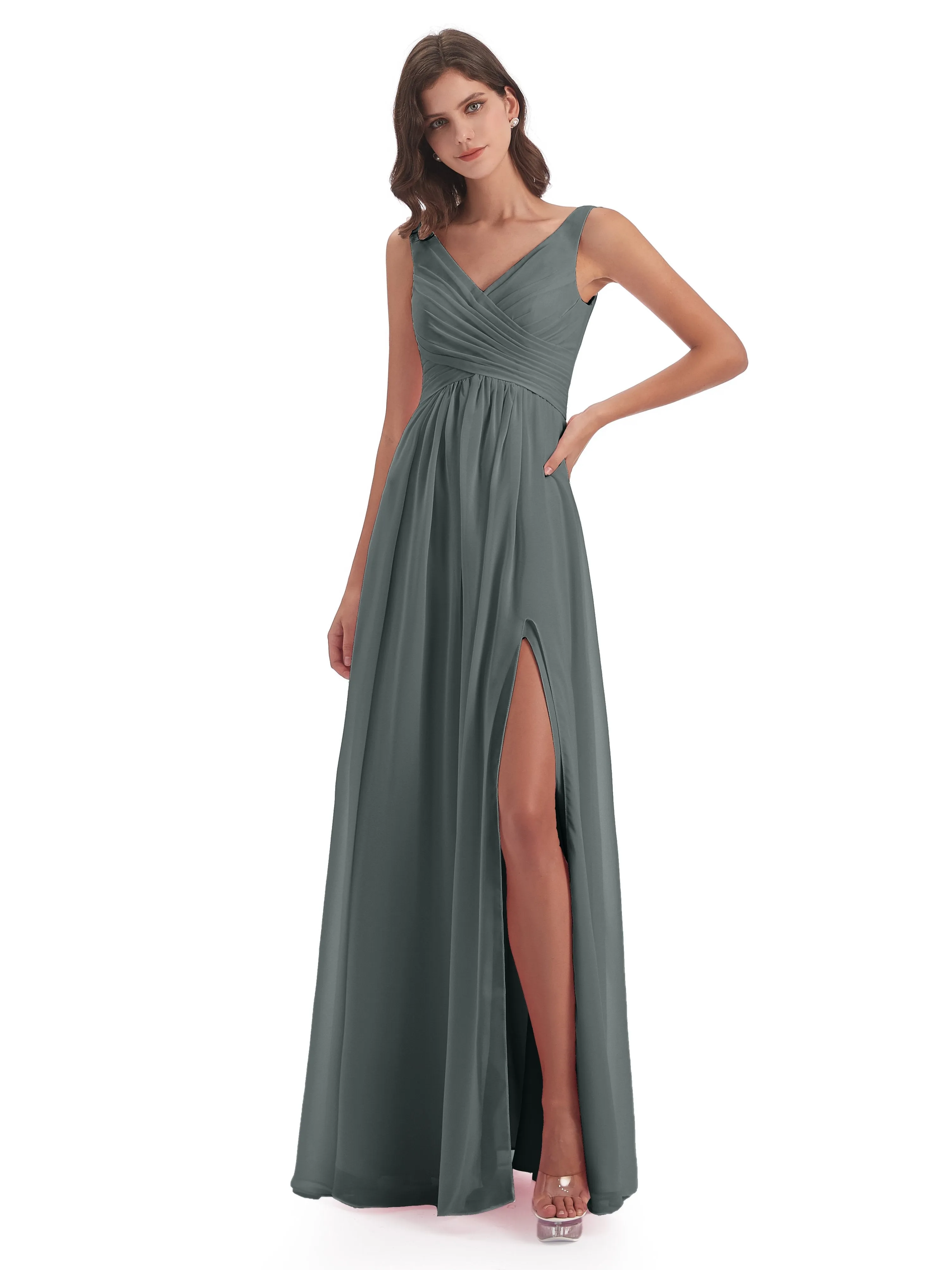 Bella Chiffon Column V-neck Long Bridesmaid Dresses