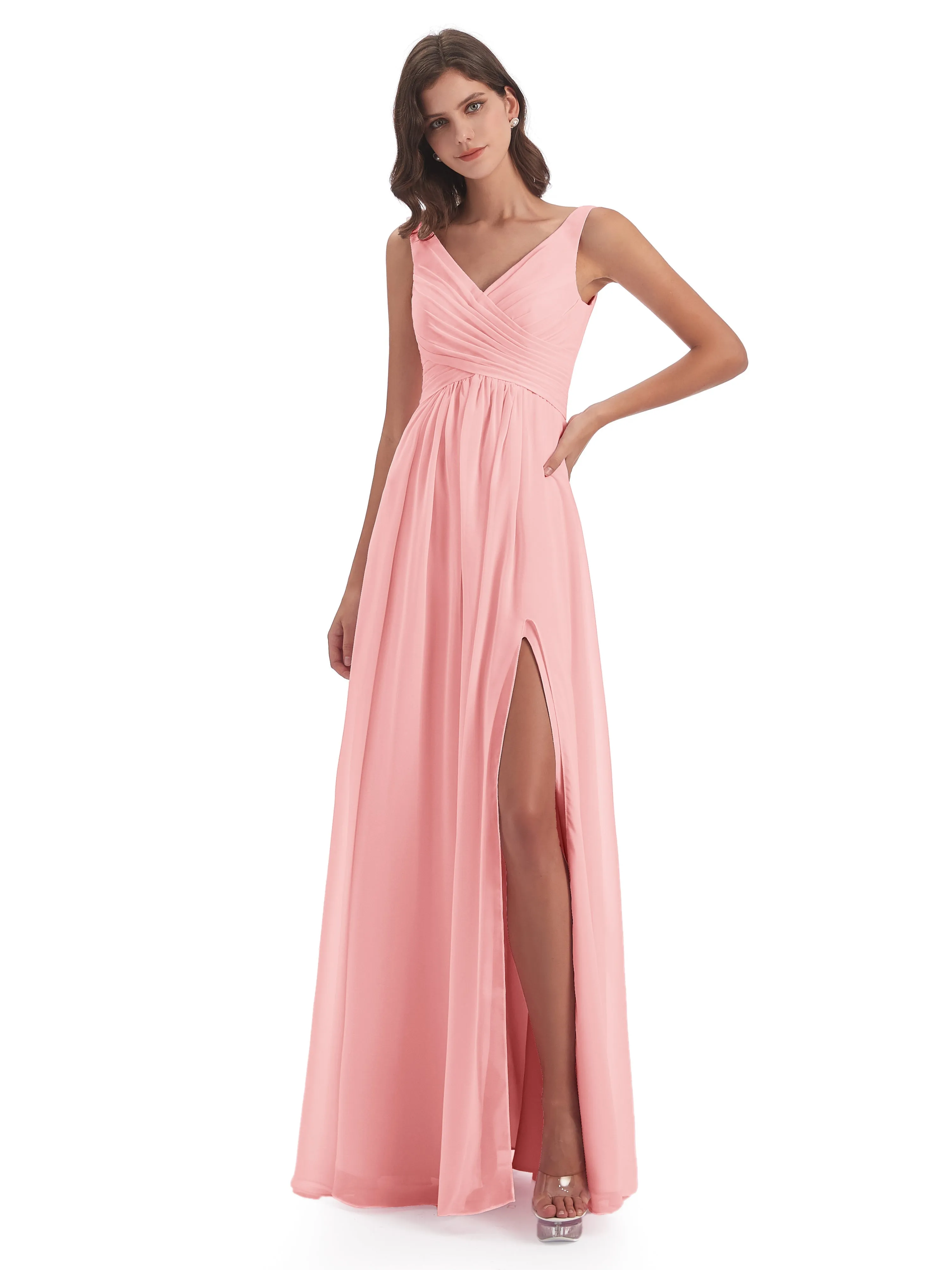 Bella Chiffon Column V-neck Long Bridesmaid Dresses