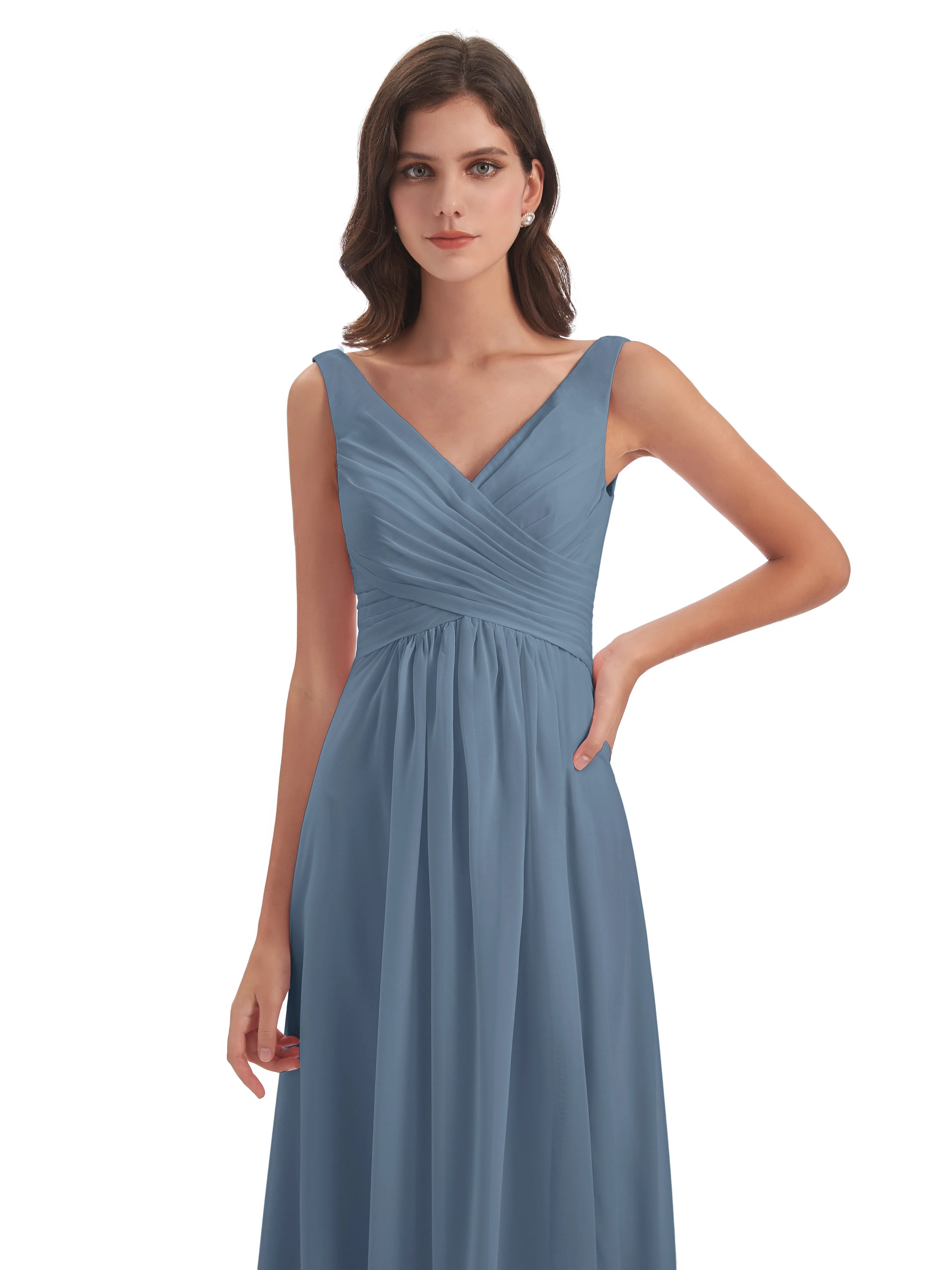 Bella Chiffon Column V-neck Long Bridesmaid Dresses