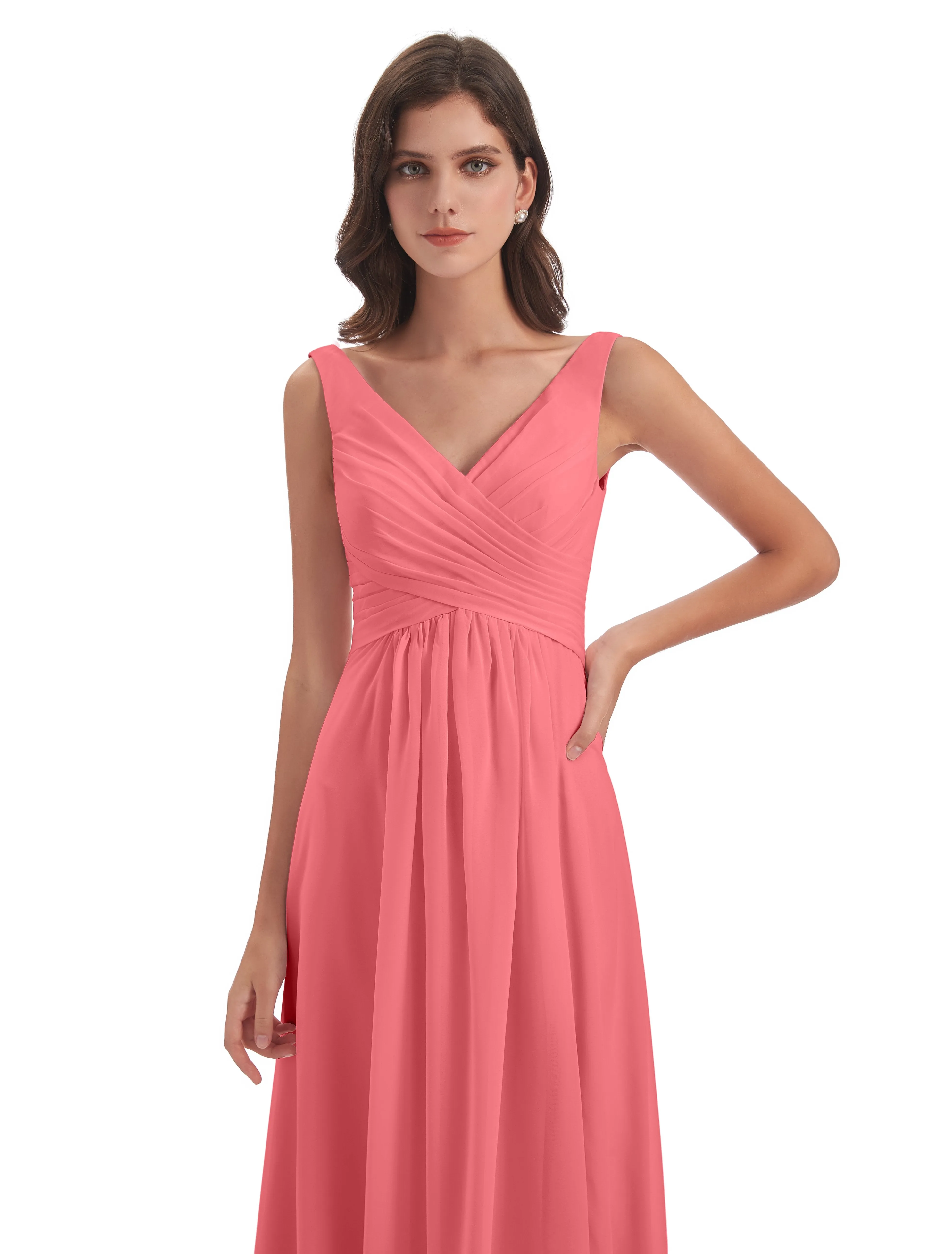 Bella Chiffon Column V-neck Long Bridesmaid Dresses