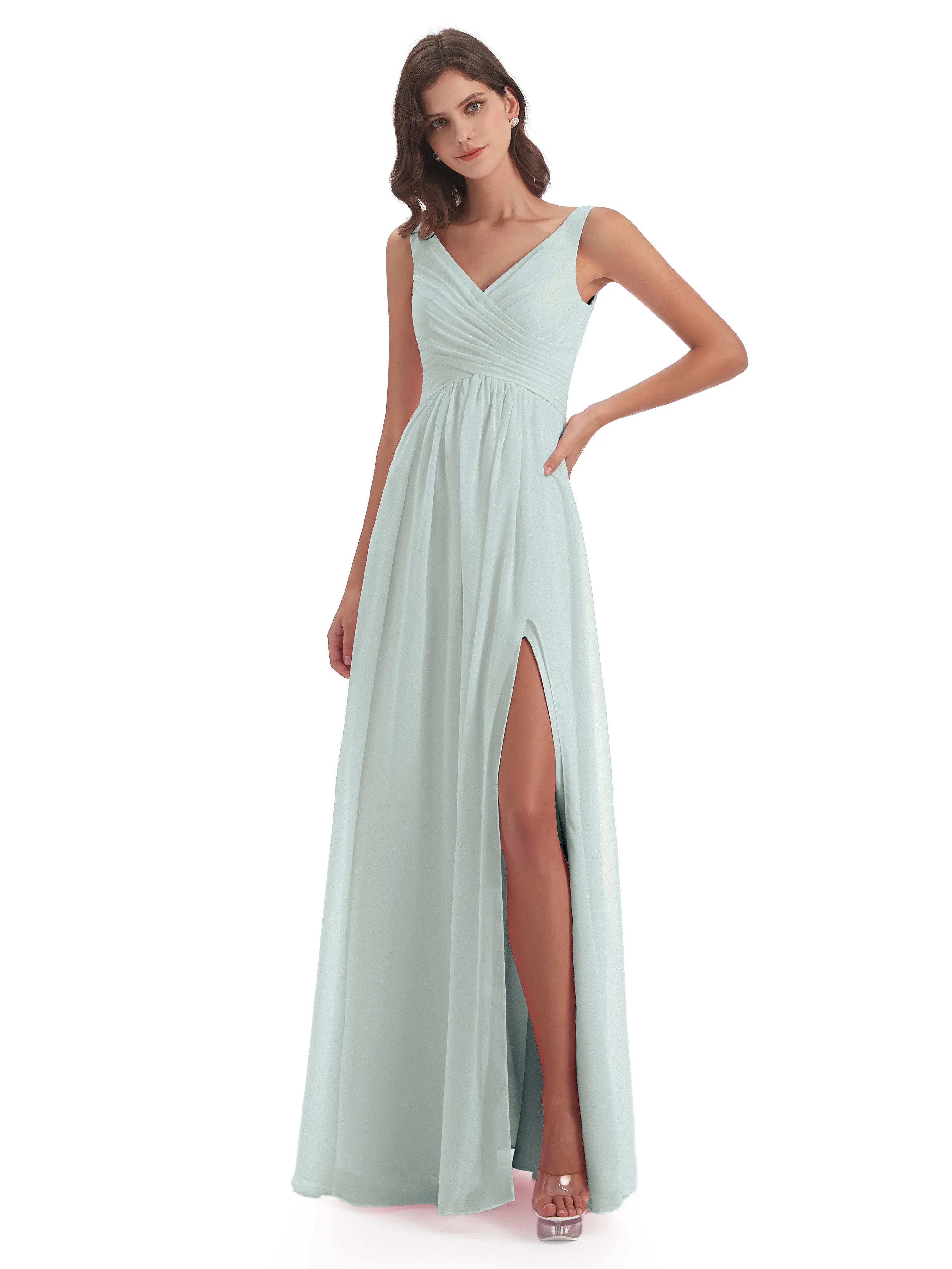 Bella Chiffon Column V-neck Long Bridesmaid Dresses