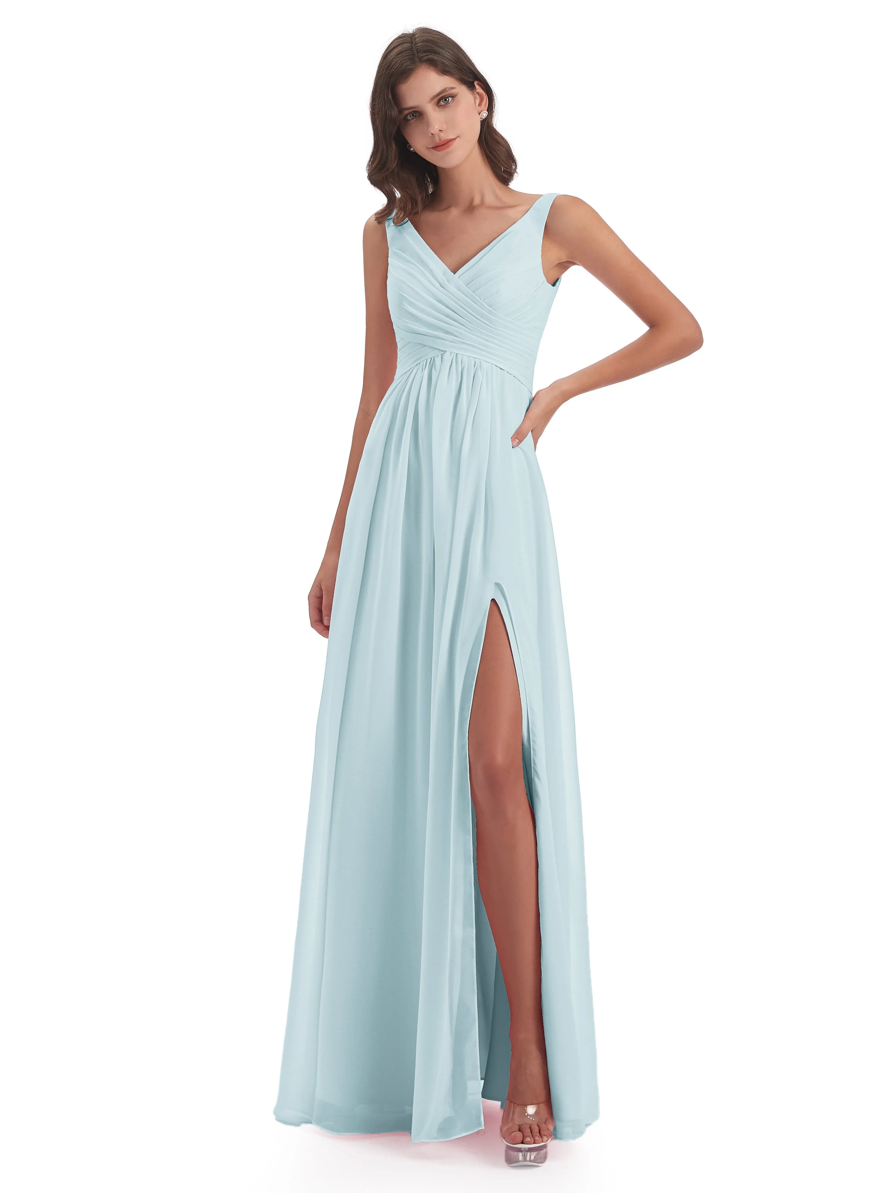 Bella Chiffon Column V-neck Long Bridesmaid Dresses