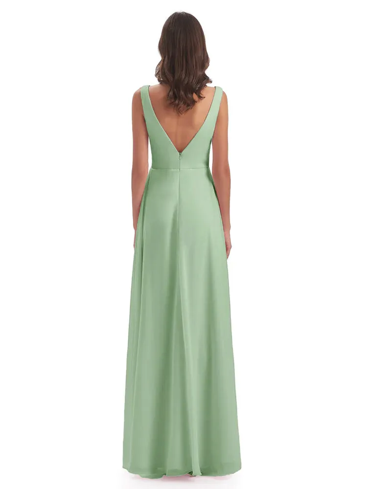 Bella Chiffon Column V-neck Long Bridesmaid Dresses