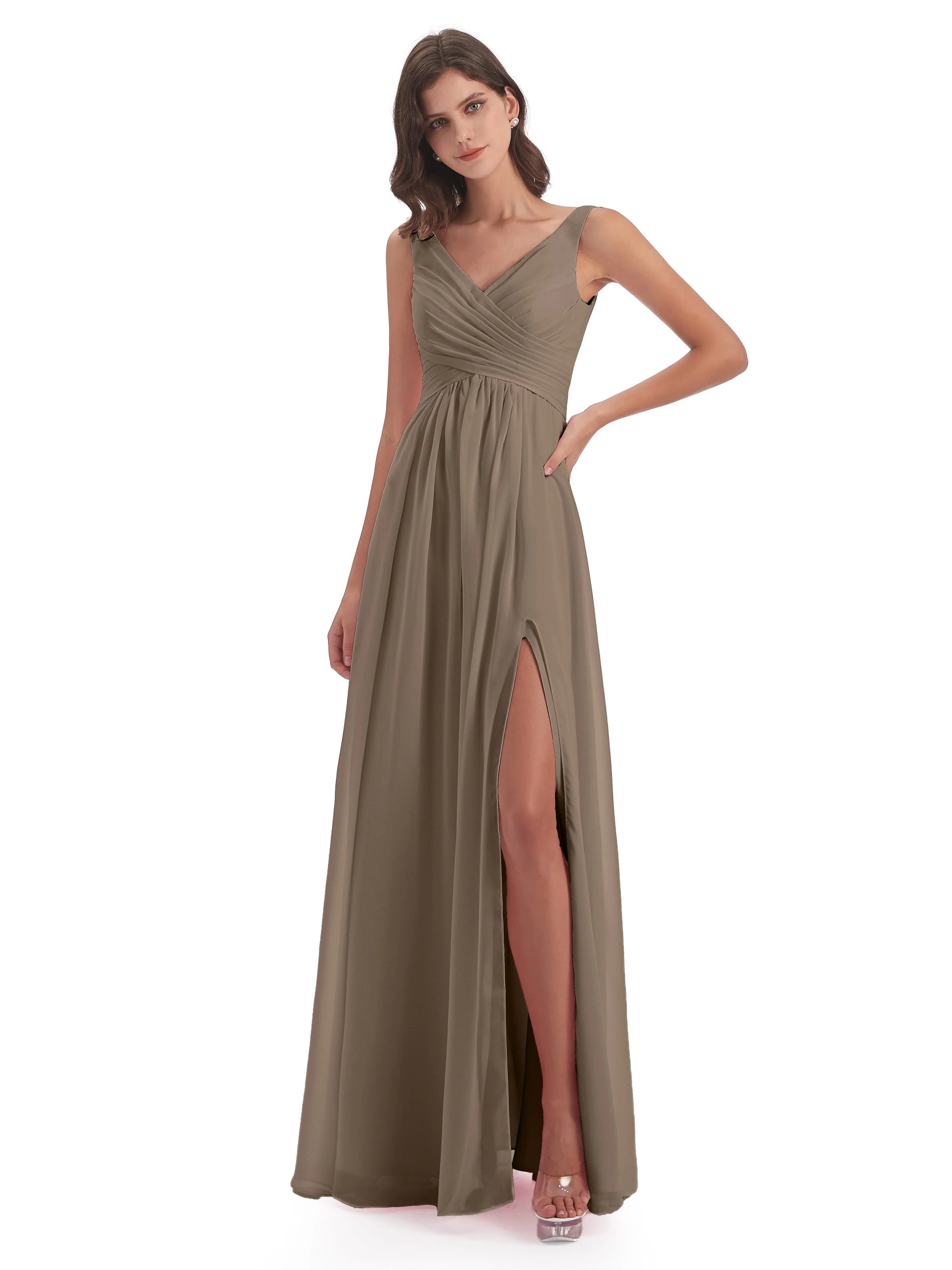 Bella Chiffon Column V-neck Long Bridesmaid Dresses
