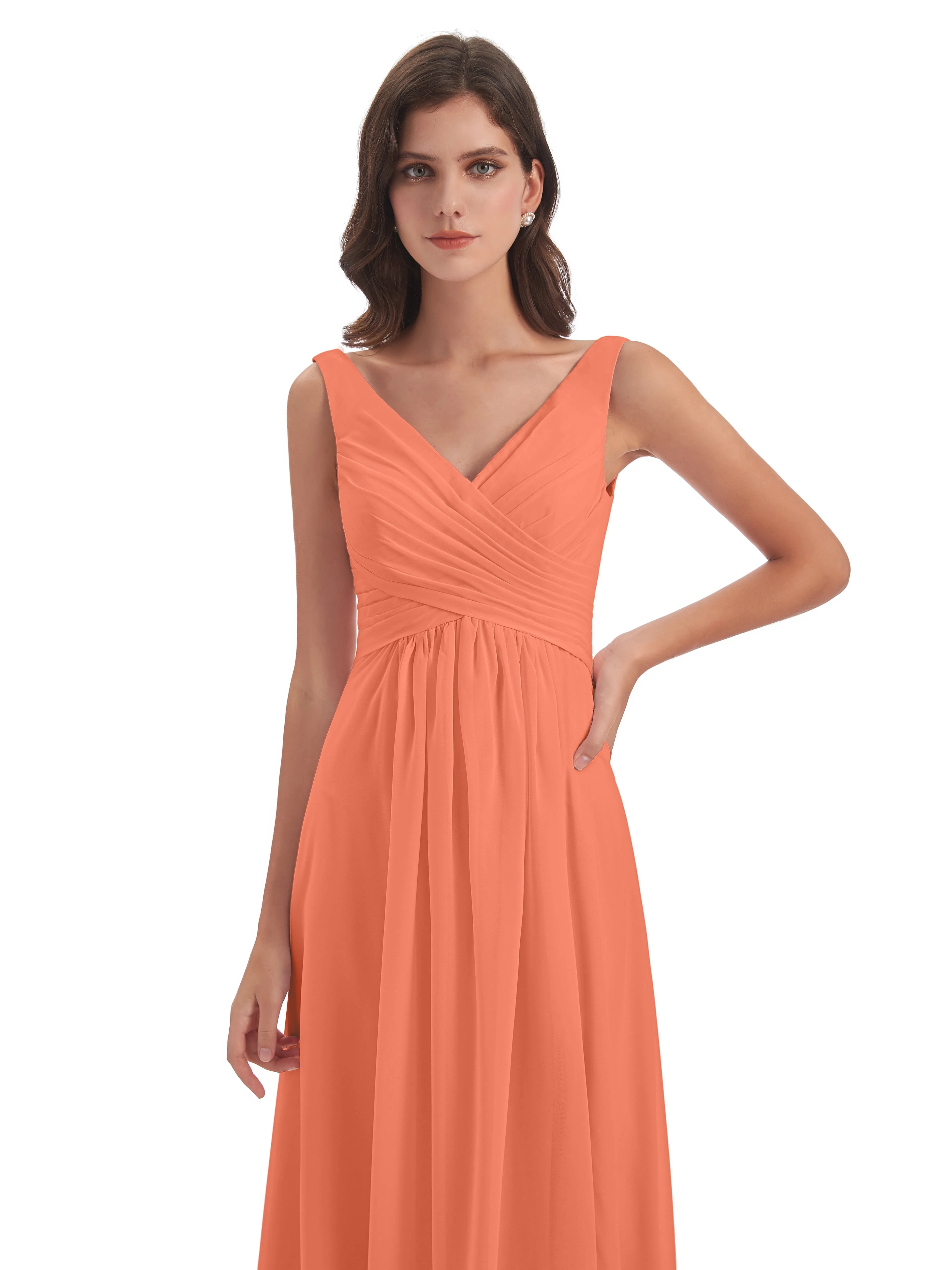 Bella Chiffon Column V-neck Long Bridesmaid Dresses