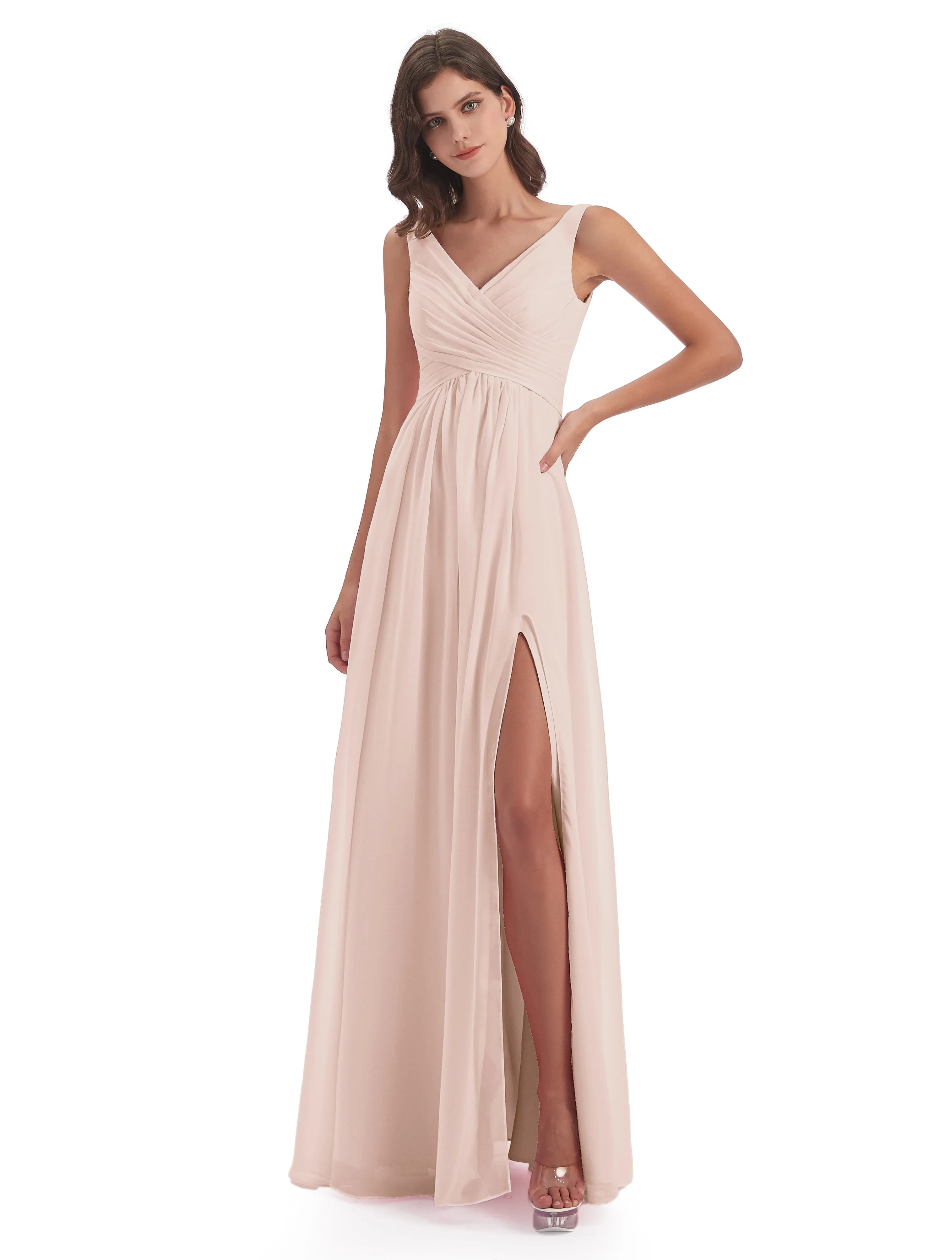 Bella Chiffon Column V-neck Long Bridesmaid Dresses