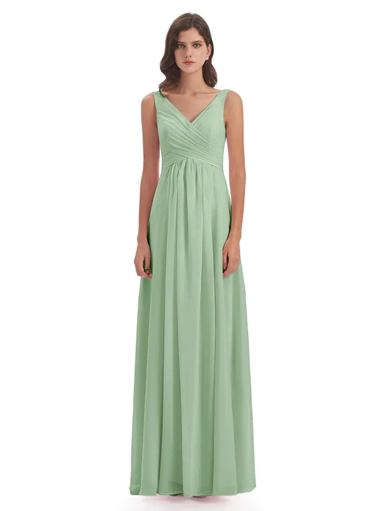Bella Chiffon Column V-neck Long Bridesmaid Dresses