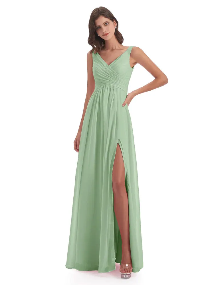 Bella Chiffon Column V-neck Long Bridesmaid Dresses