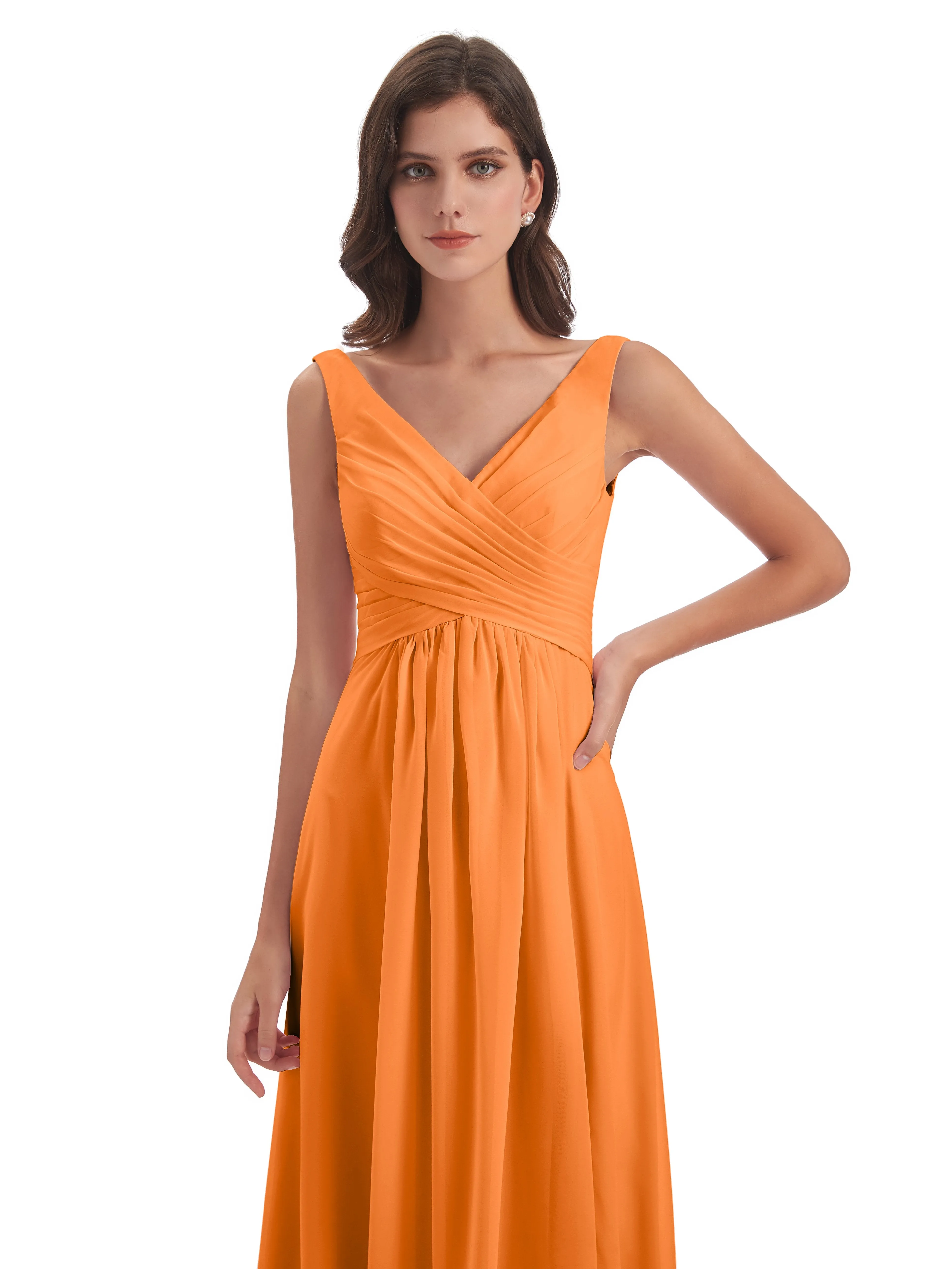 Bella Chiffon Column V-neck Long Bridesmaid Dresses
