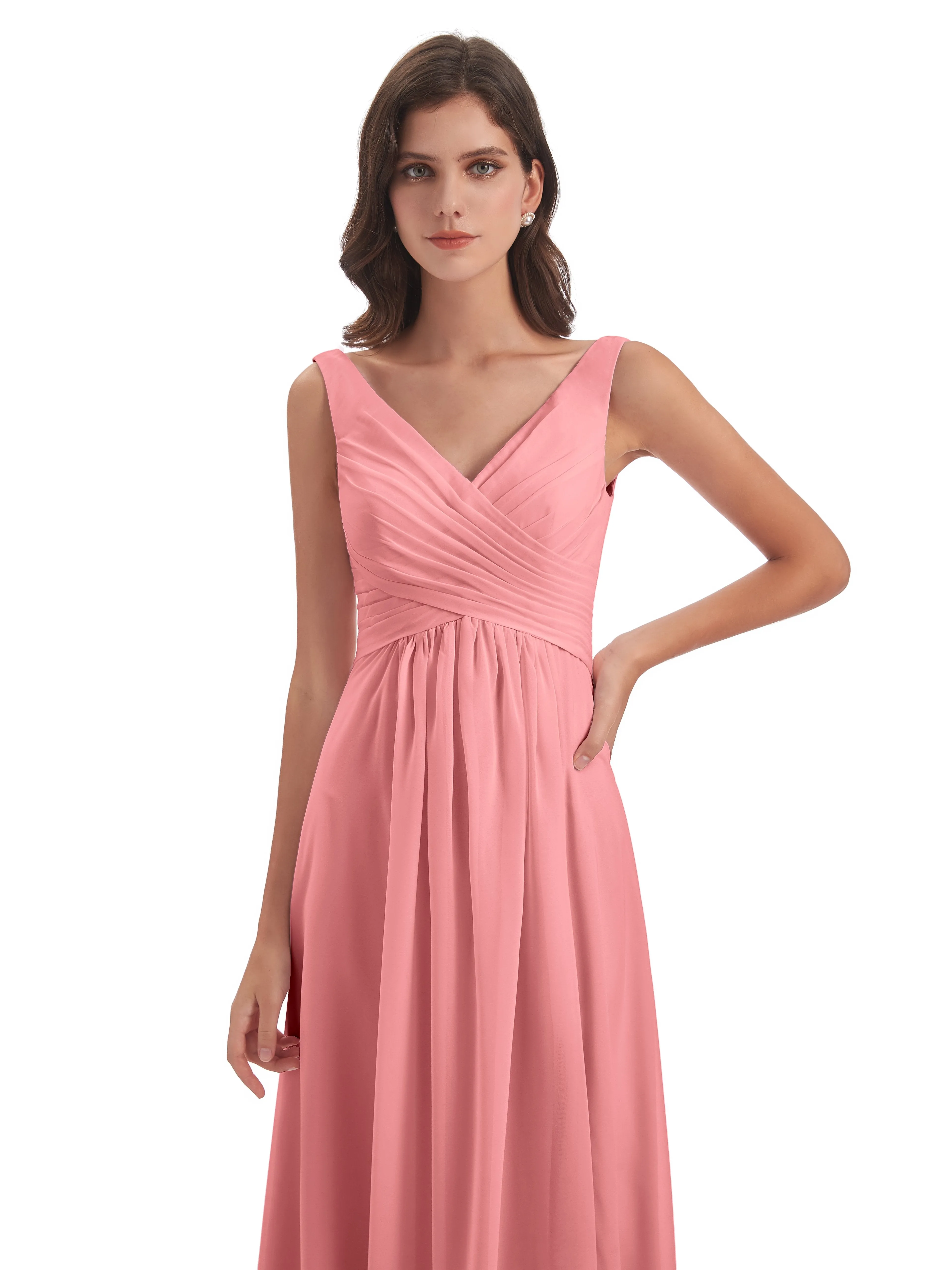 Bella Chiffon Column V-neck Long Bridesmaid Dresses