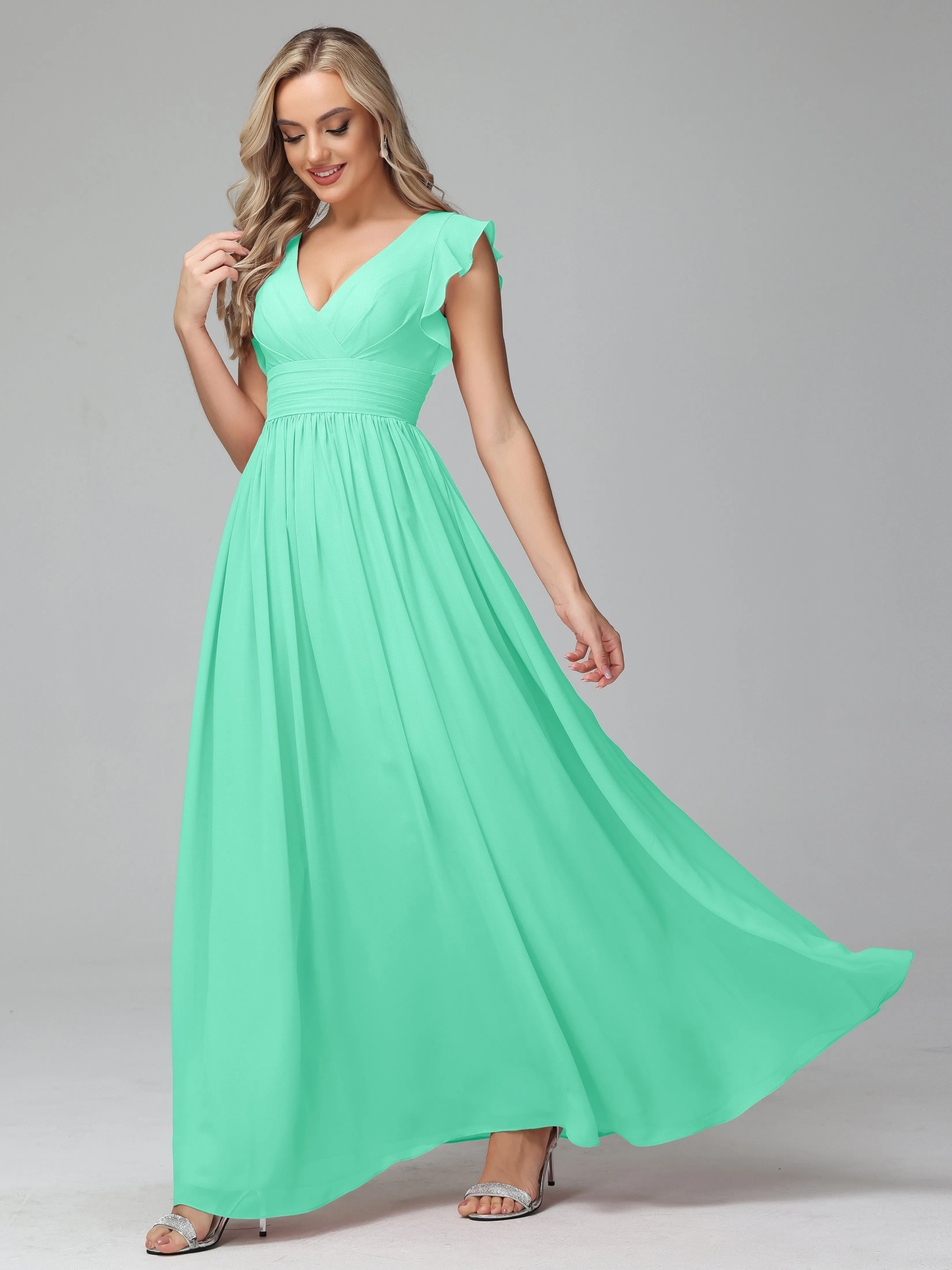 Bonnie V-Neck Chiffon Mother of the Bride Dress With Ruffle Sleeves
