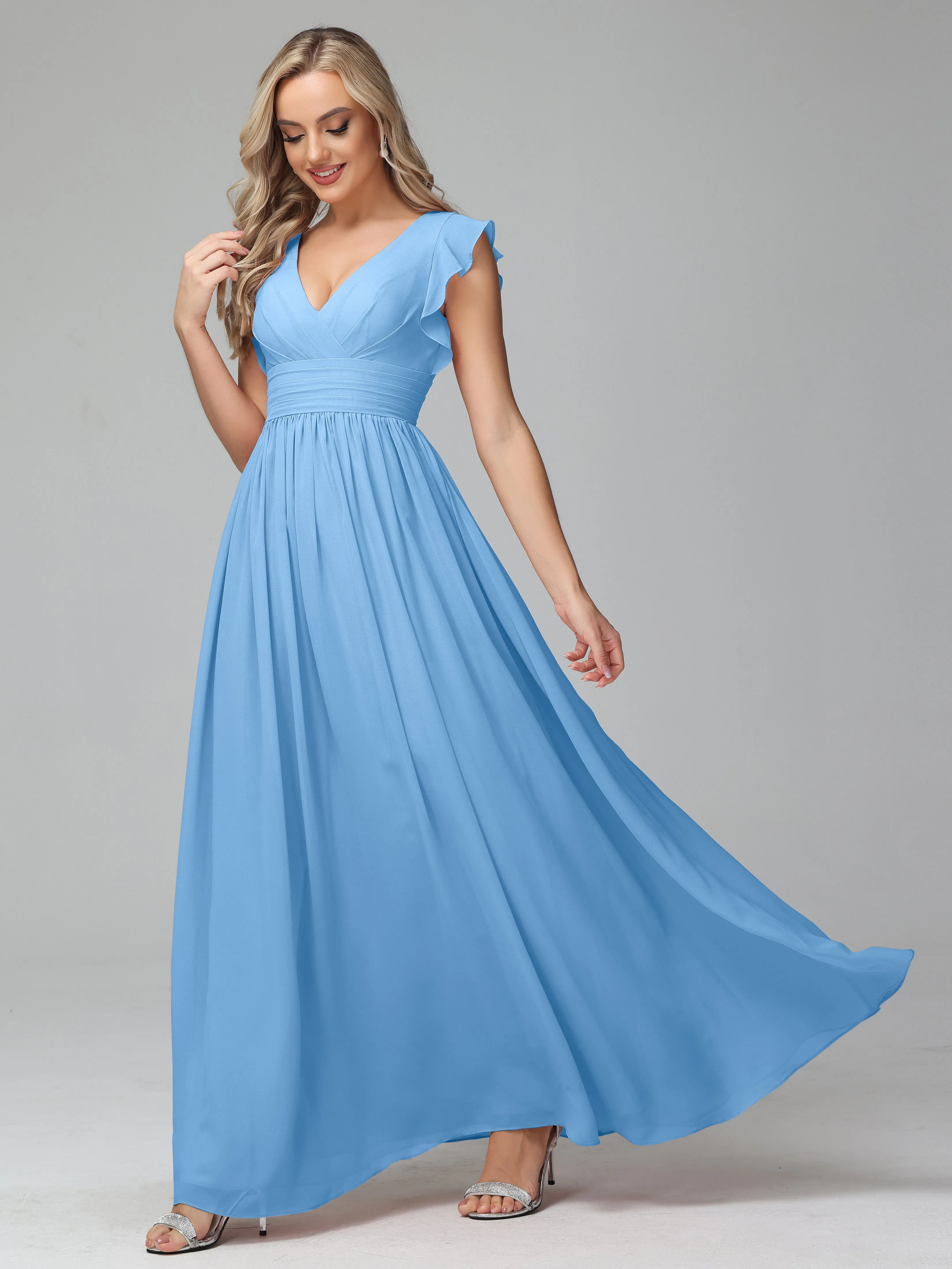 Bonnie V-Neck Chiffon Mother of the Bride Dress With Ruffle Sleeves