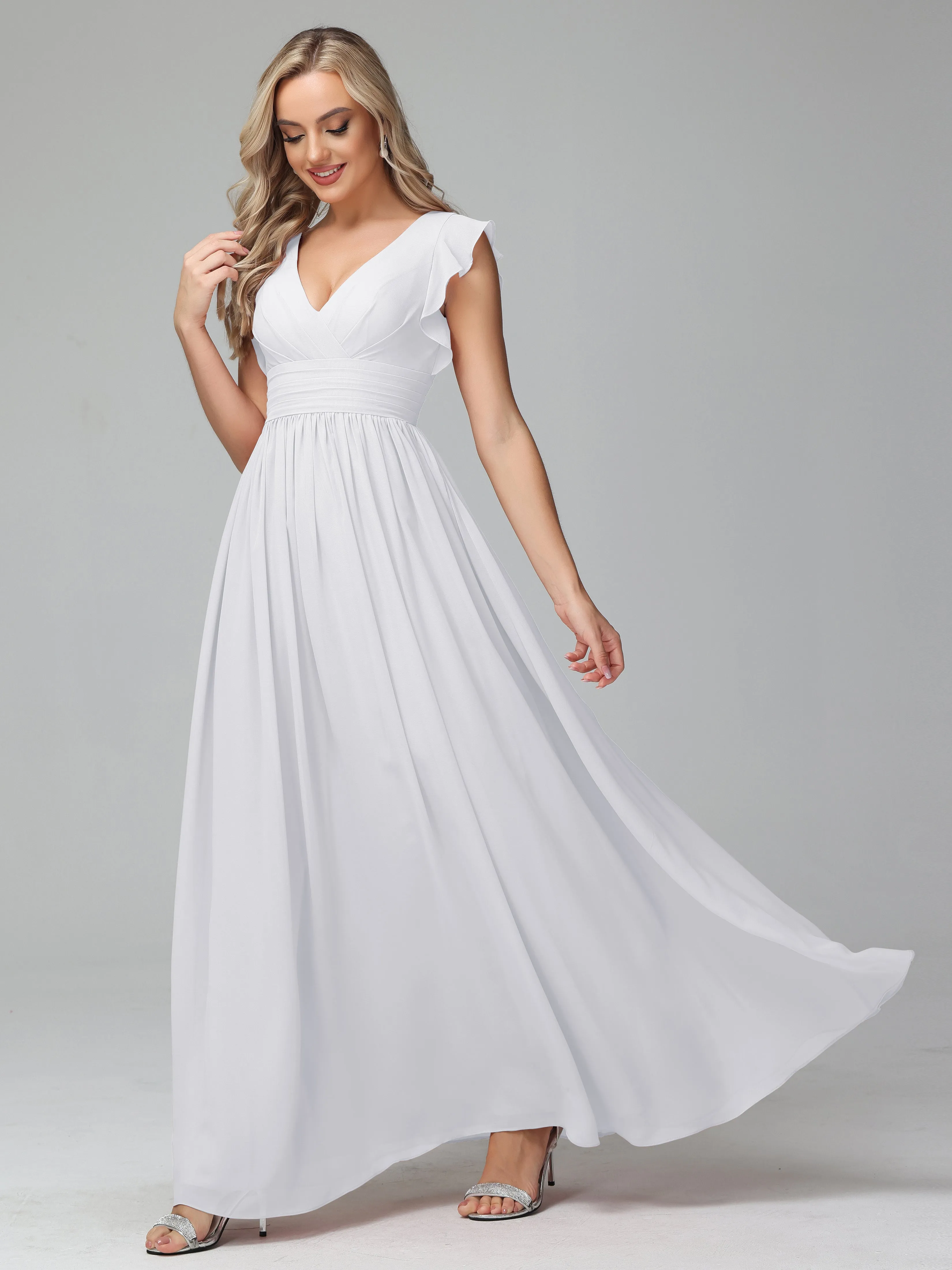 Bonnie V-Neck Chiffon Mother of the Bride Dress With Ruffle Sleeves