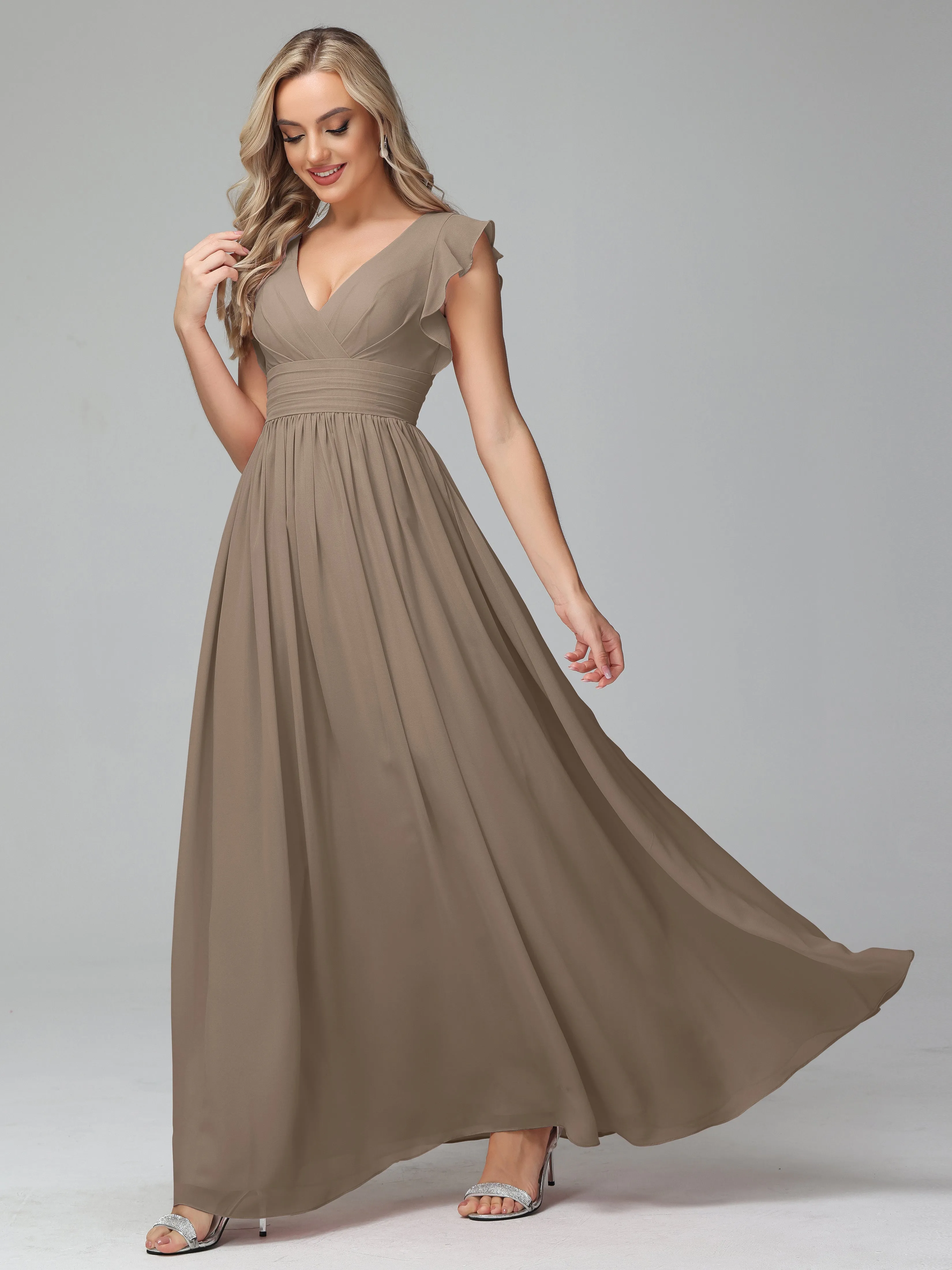 Bonnie V-Neck Chiffon Mother of the Bride Dress With Ruffle Sleeves