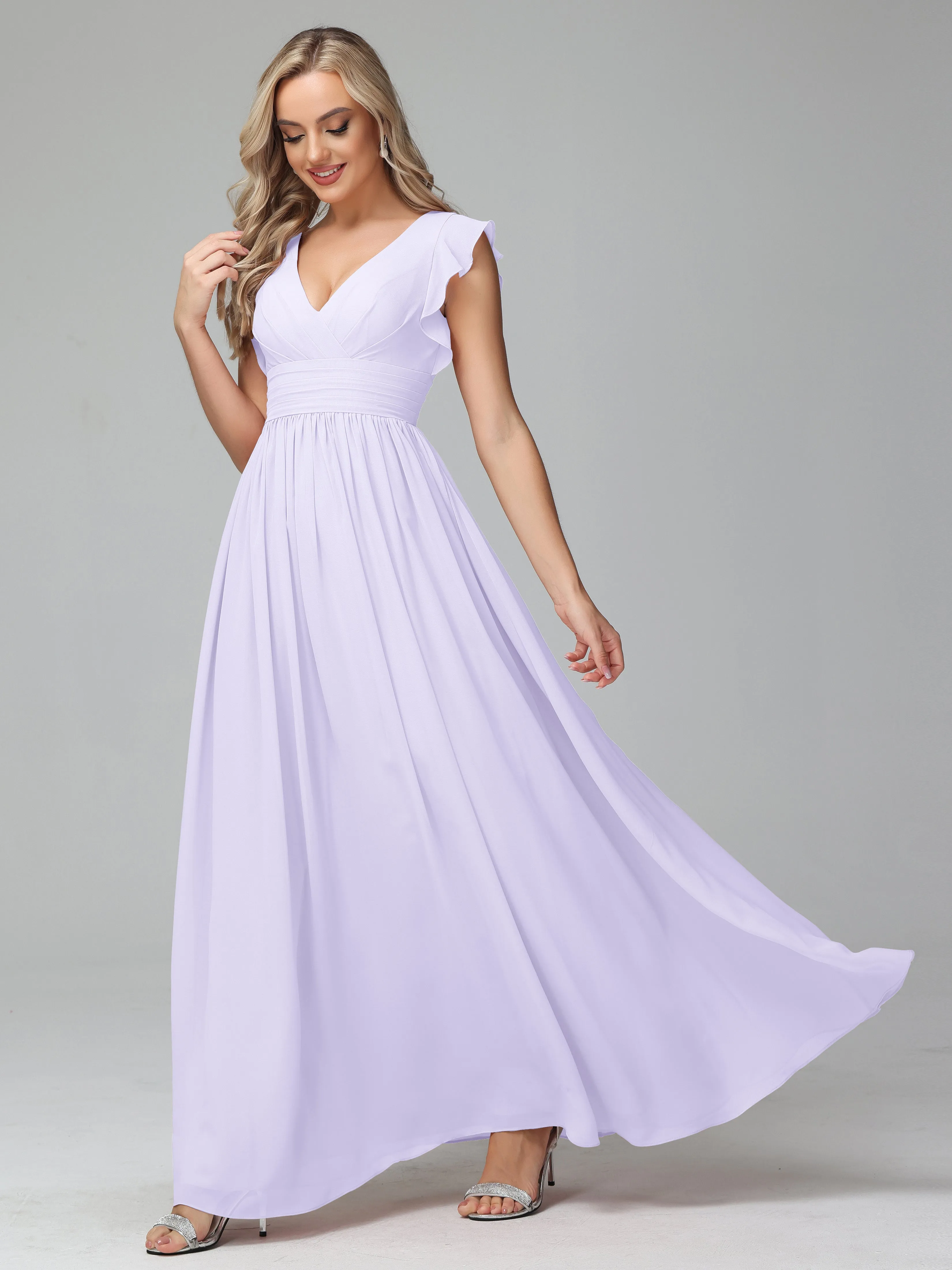 Bonnie V-Neck Chiffon Mother of the Bride Dress With Ruffle Sleeves