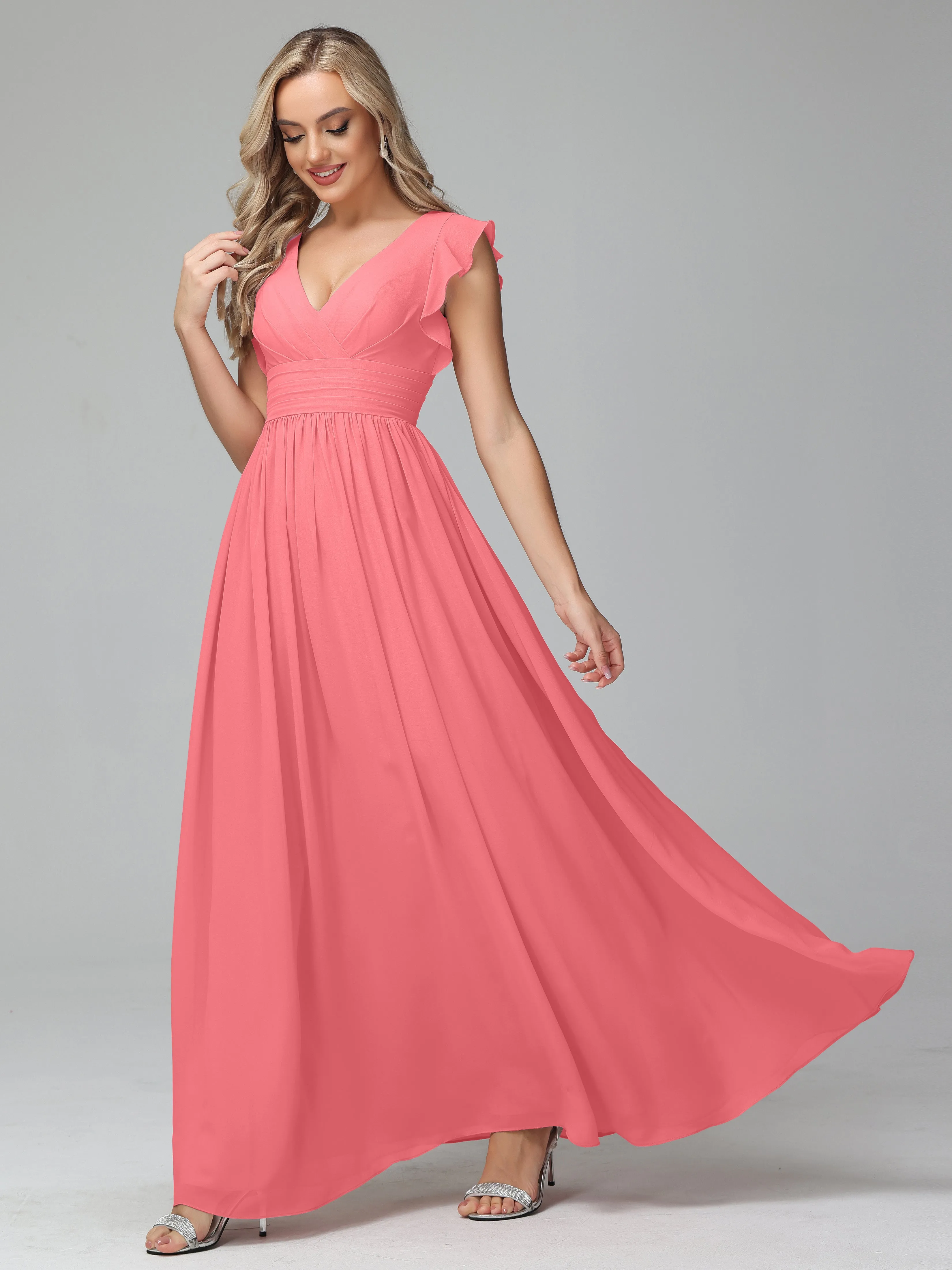 Bonnie V-Neck Chiffon Mother of the Bride Dress With Ruffle Sleeves