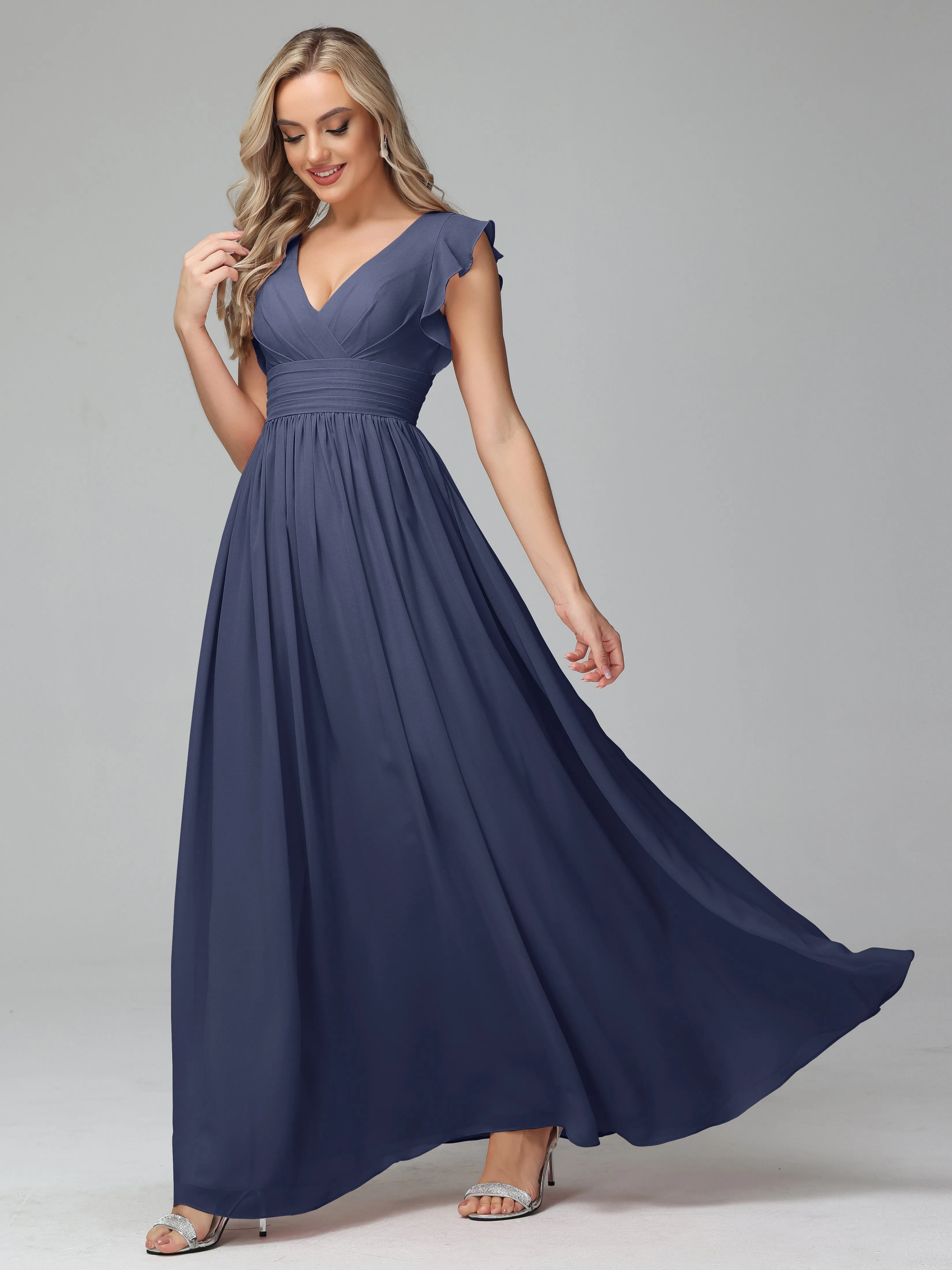 Bonnie V-Neck Chiffon Mother of the Bride Dress With Ruffle Sleeves