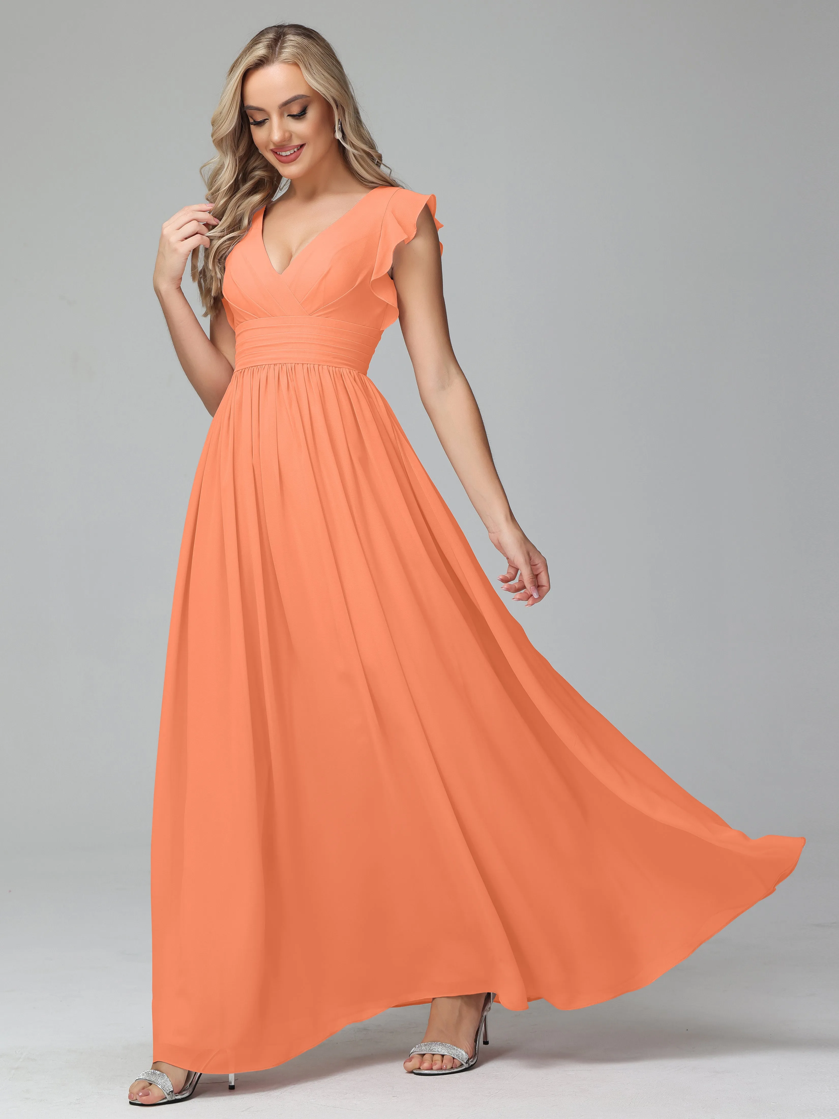 Bonnie V-Neck Chiffon Mother of the Bride Dress With Ruffle Sleeves